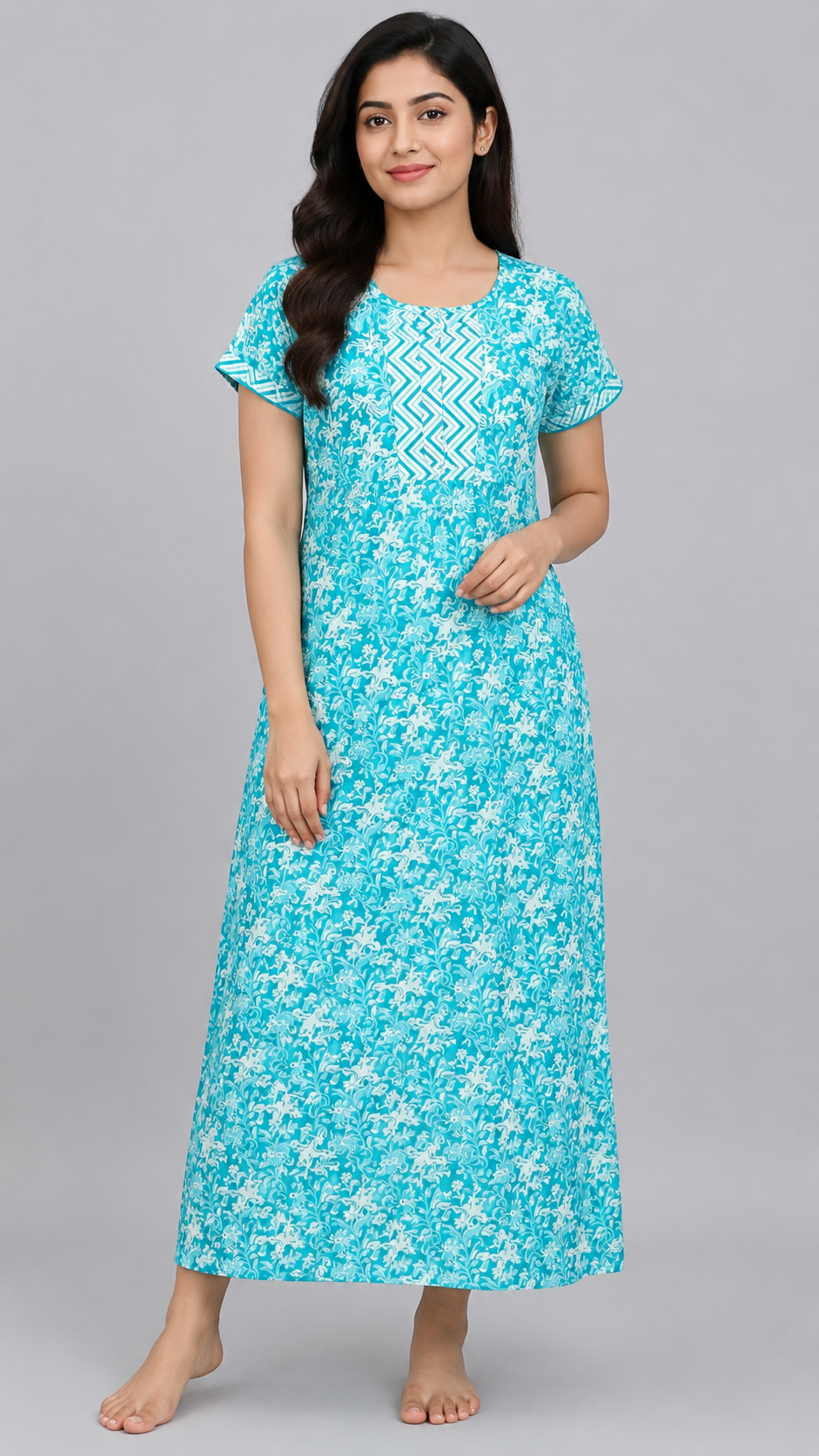 Women's Sea Green Floral Print Maxi Nighty cotton Fabric