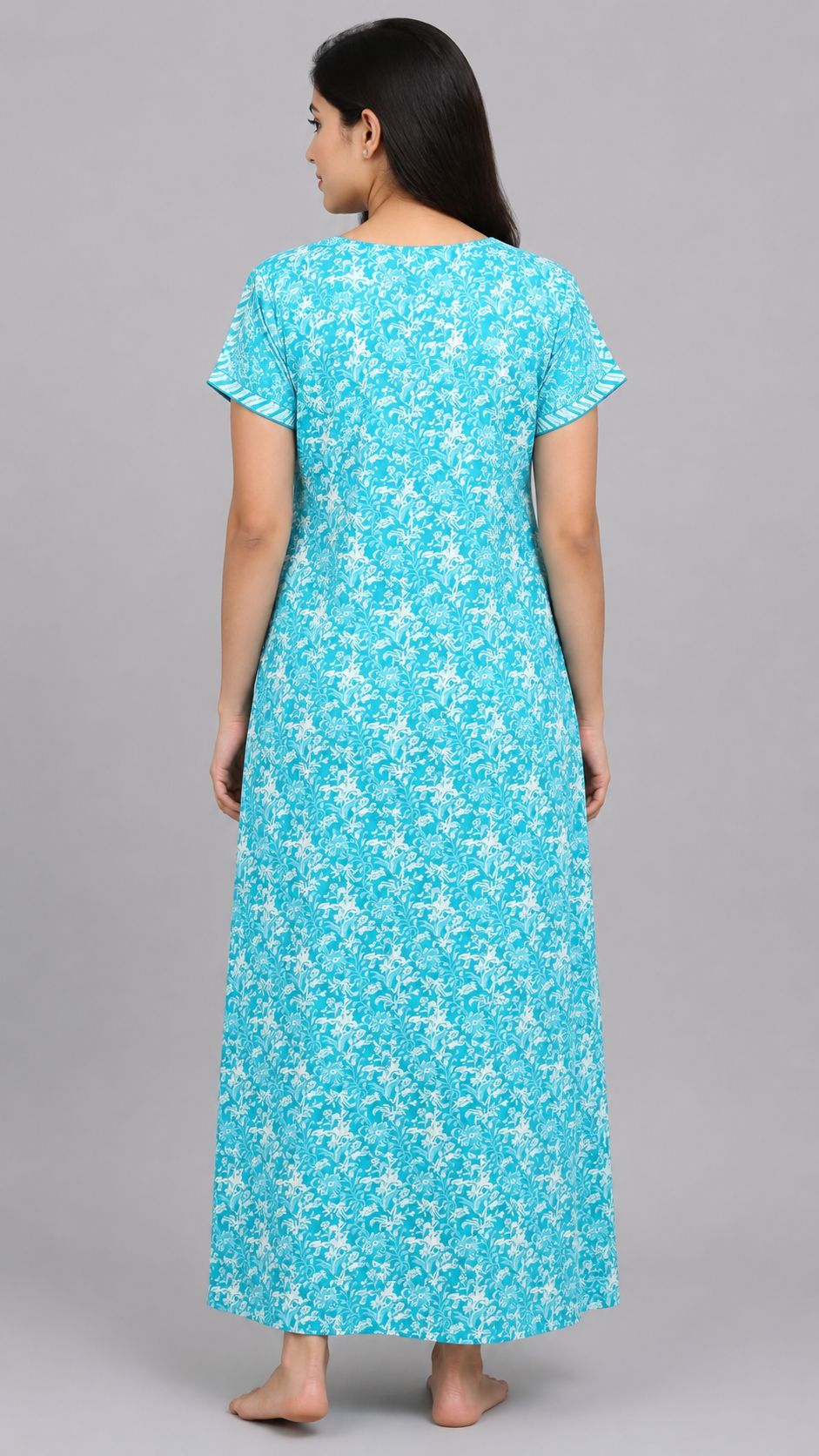 Women's Sea Green Floral Print Maxi Nighty cotton Fabric