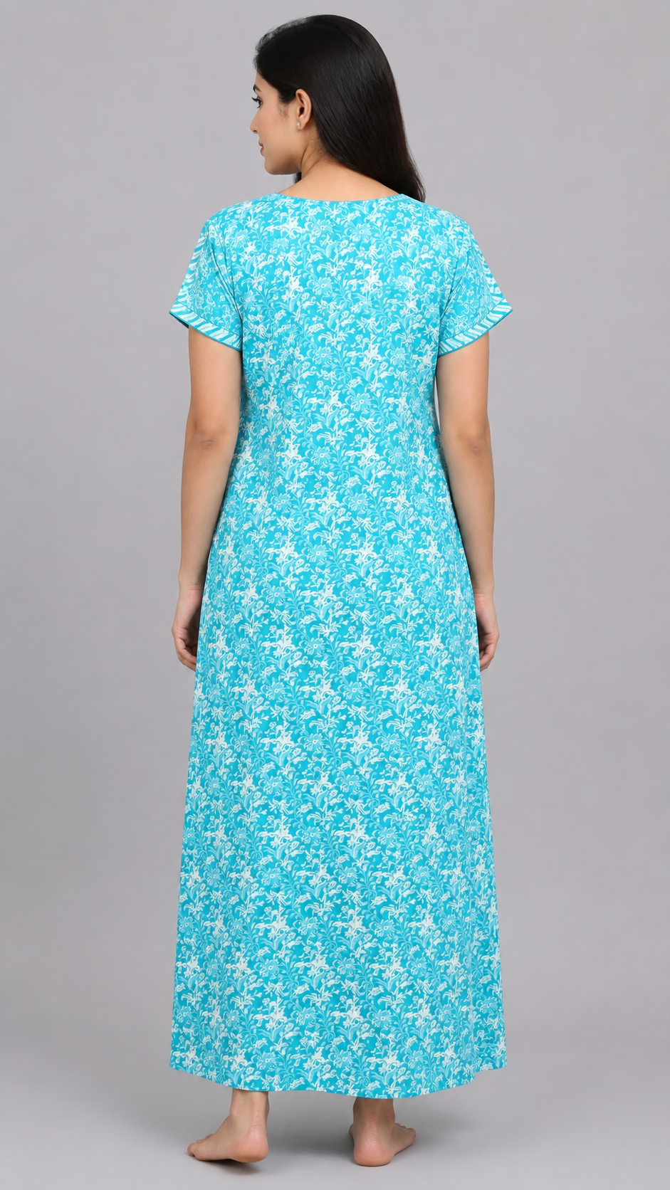Women's Sea Green Floral Print Maxi Nighty cotton Fabric