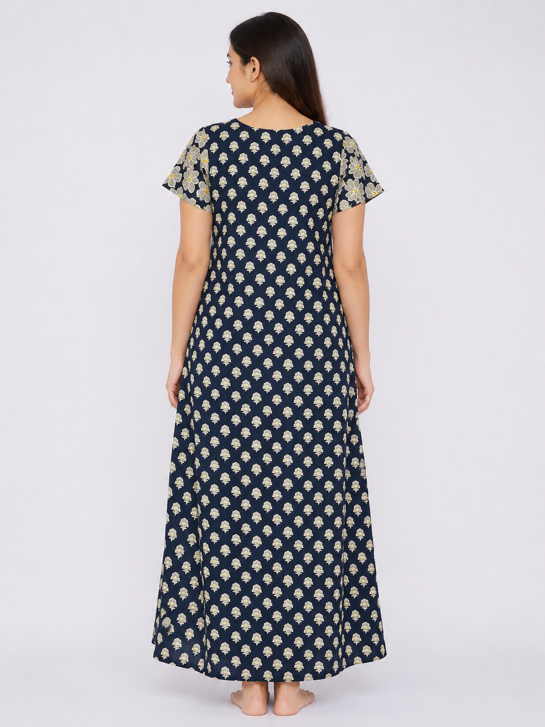 Women's Navy Blue Floral Print Maxi Nighty cotton Fabric