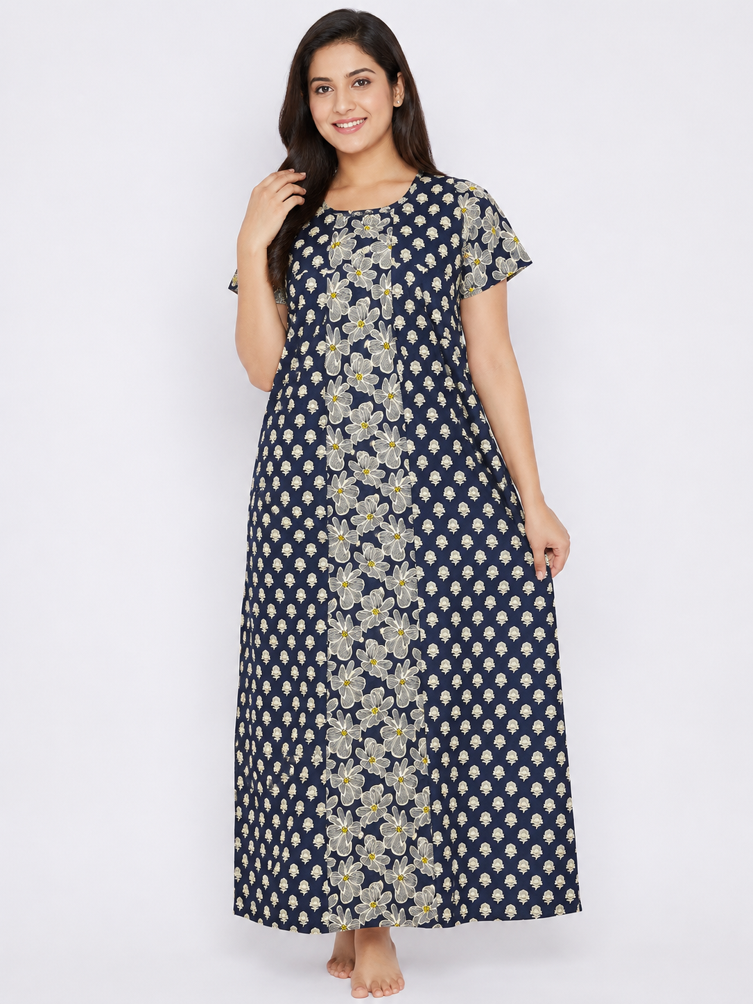 Women's Navy Blue Floral Print Maxi Nighty cotton Fabric