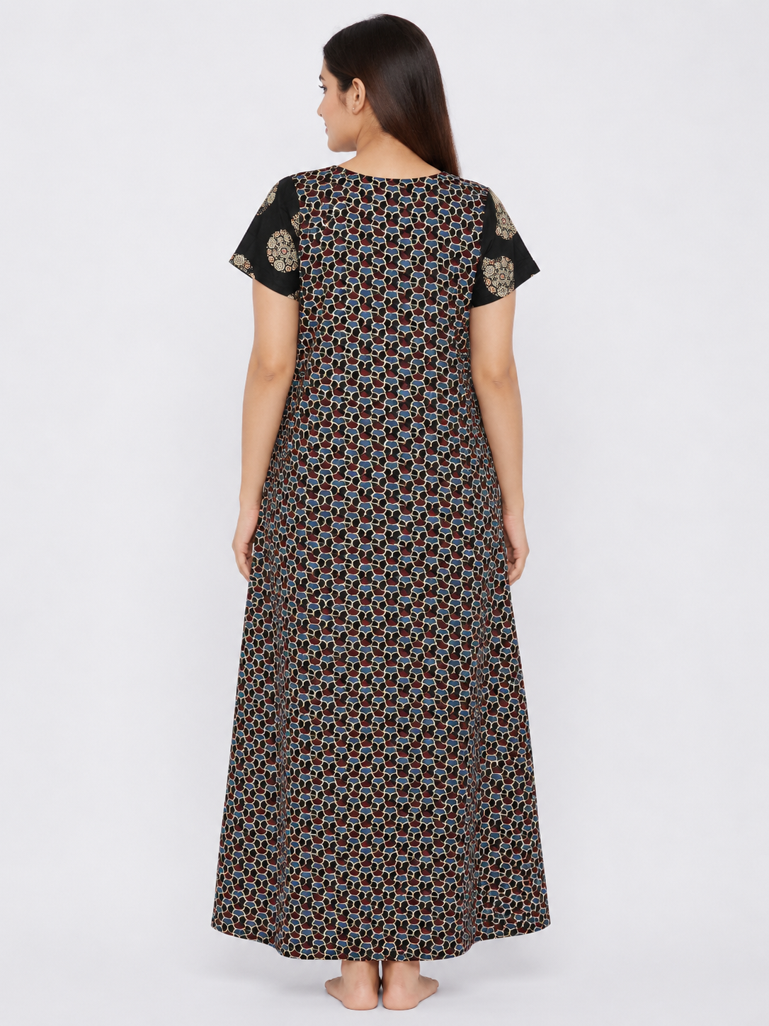 Women's Black/multicolor Ajrakh Print Frock Style Maxi Nighty cotton Fabric