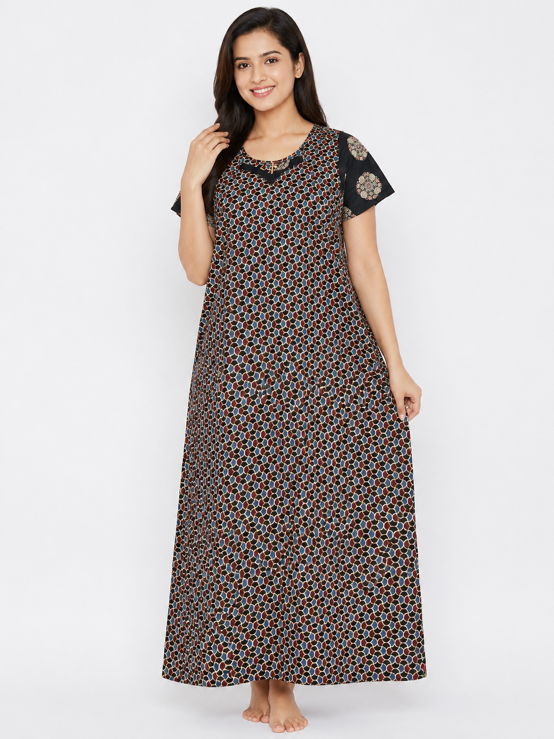 Women's Black/multicolor Ajrakh Print Frock Style Maxi Nighty cotton Fabric