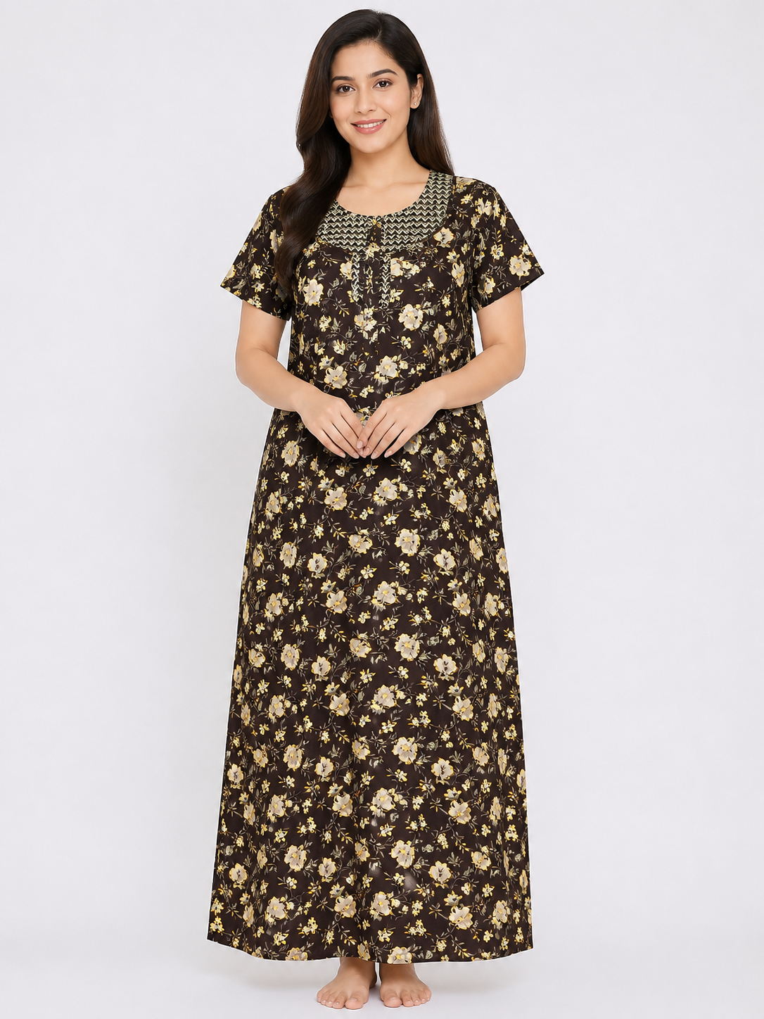 Women's dark Brown Floral Print Maxi Nighty cotton Fabric Embroidered Yoke