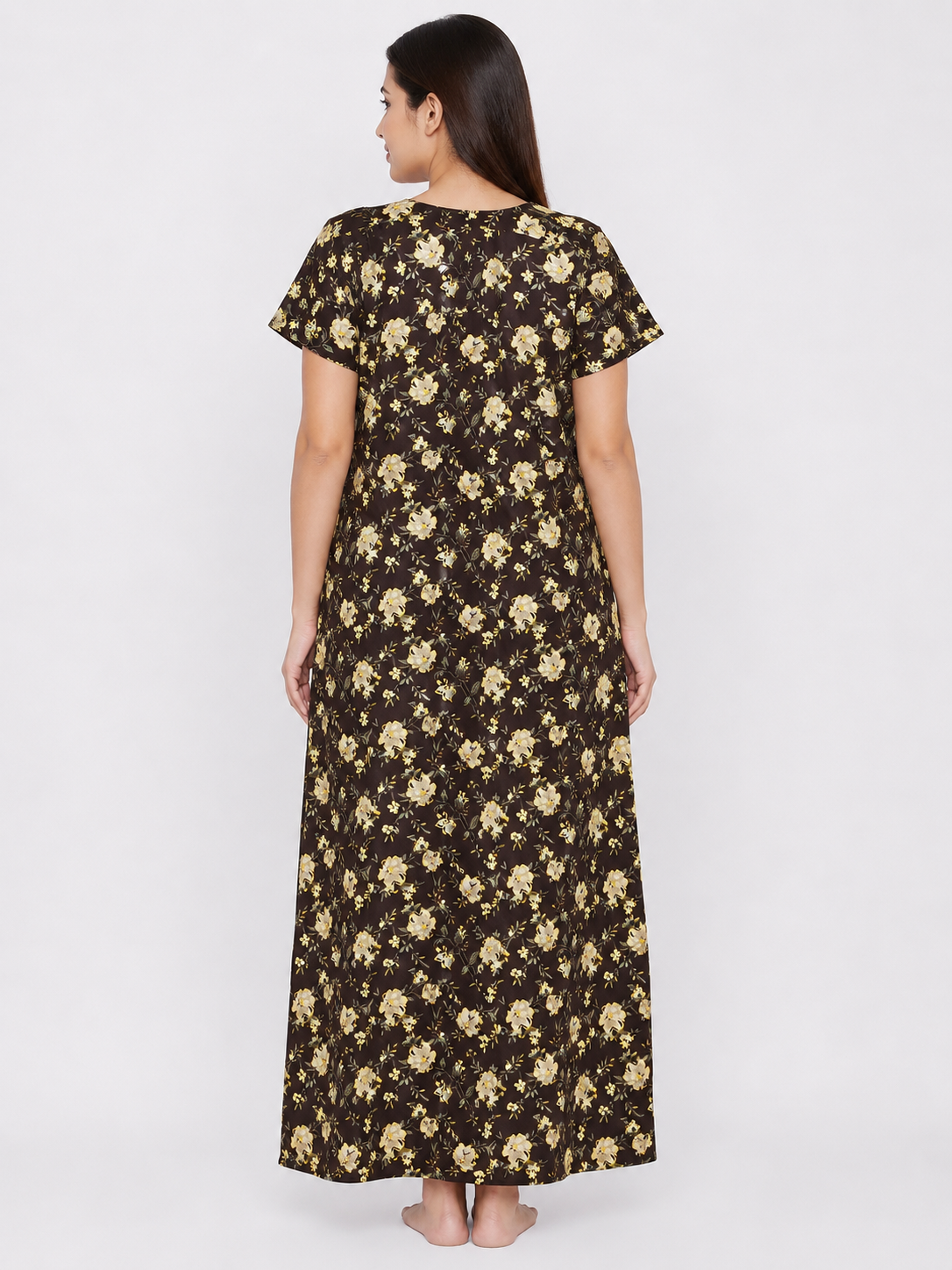 Women's dark Brown Floral Print Maxi Nighty cotton Fabric Embroidered Yoke