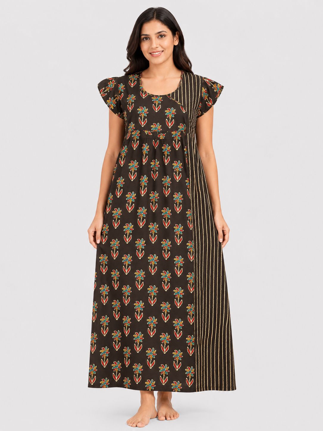 Women's Dark chocolate Abstract Print Maxi Nighty Soft Cotton Front Open