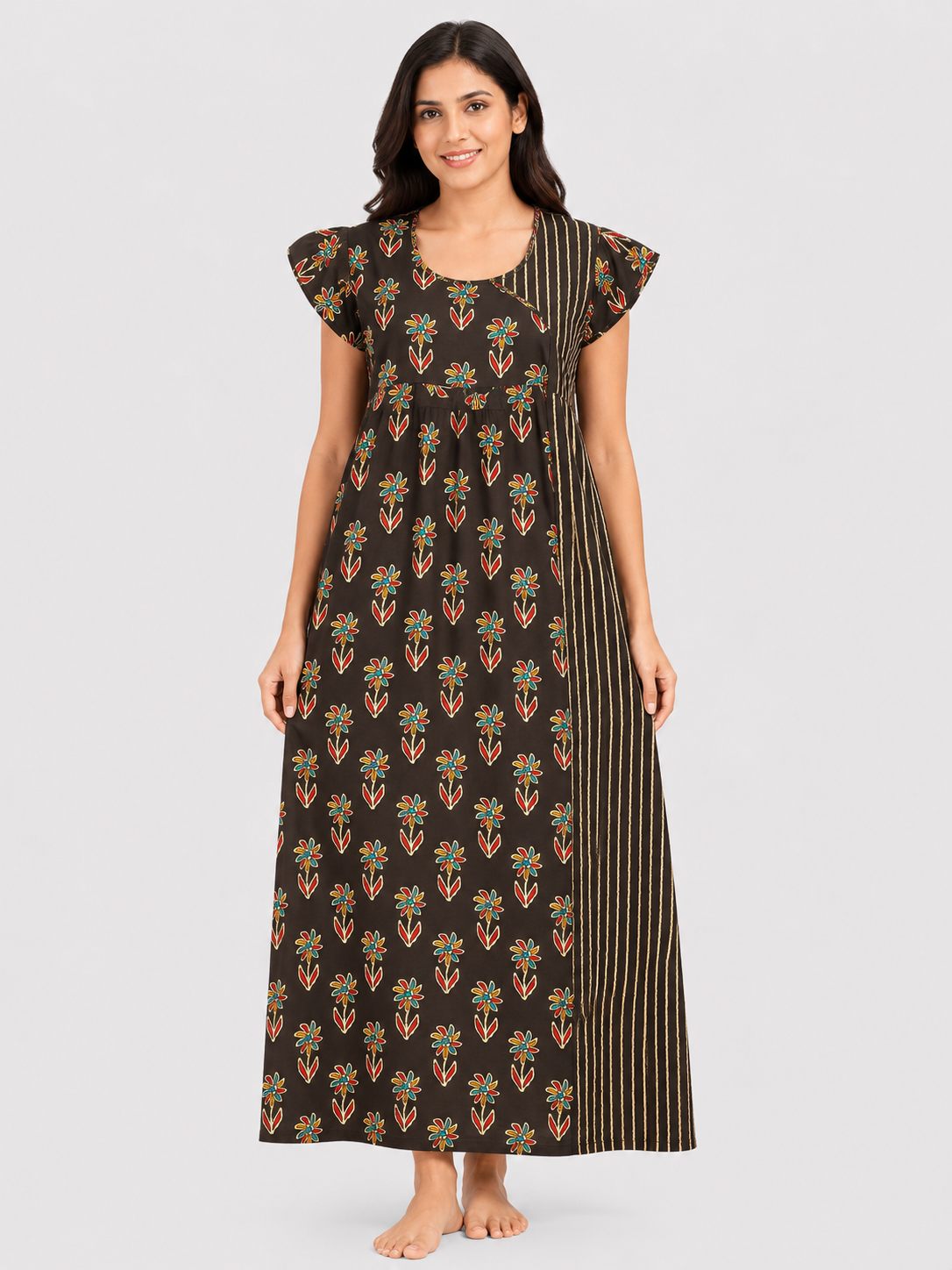 Women's Dark chocolate Abstract Print Maxi Nighty Soft Cotton Front Open