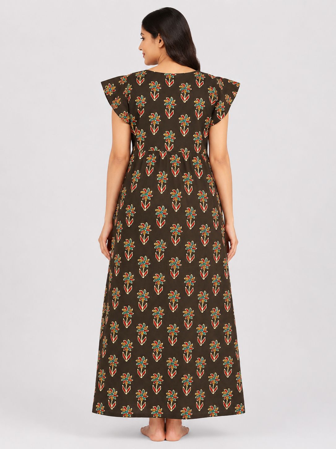Women's Dark chocolate Abstract Print Maxi Nighty Soft Cotton Front Open