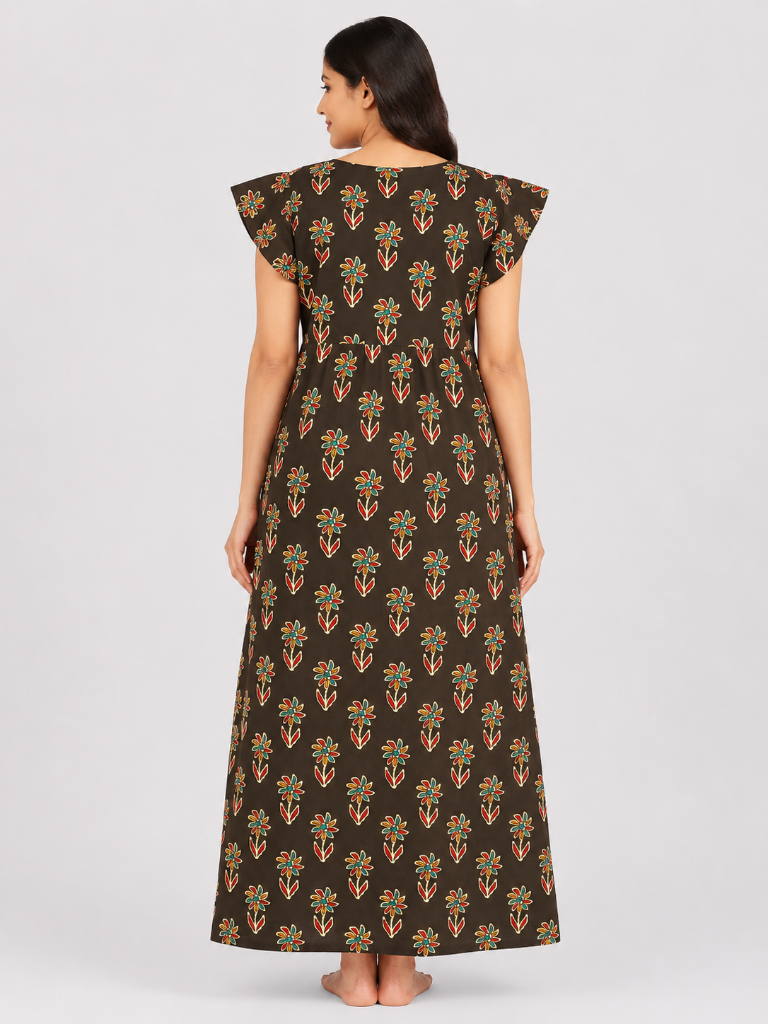 Women's Dark chocolate Abstract Print Maxi Nighty Soft Cotton Front Open