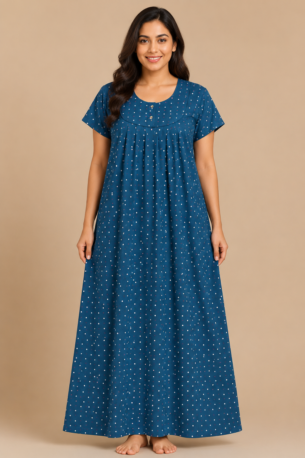 Women's deep teal blue Floral Print A-Line Maxi Nighty Soft Cotton