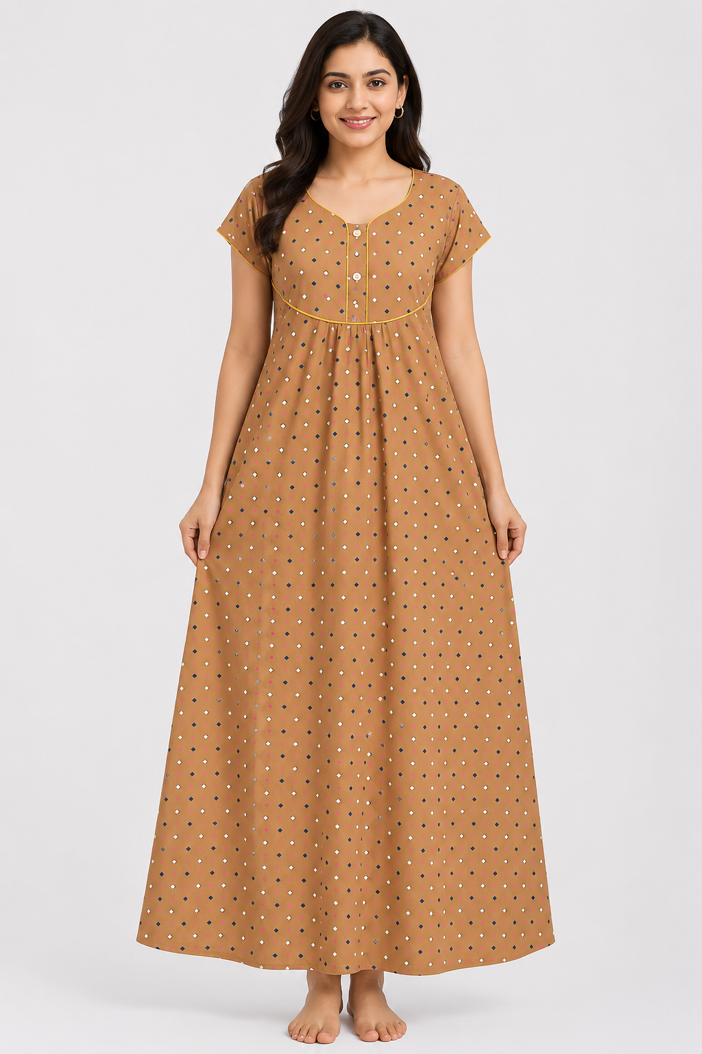 Women's mustard brown Floral Print A-Line Maxi Nighty Soft Cotton