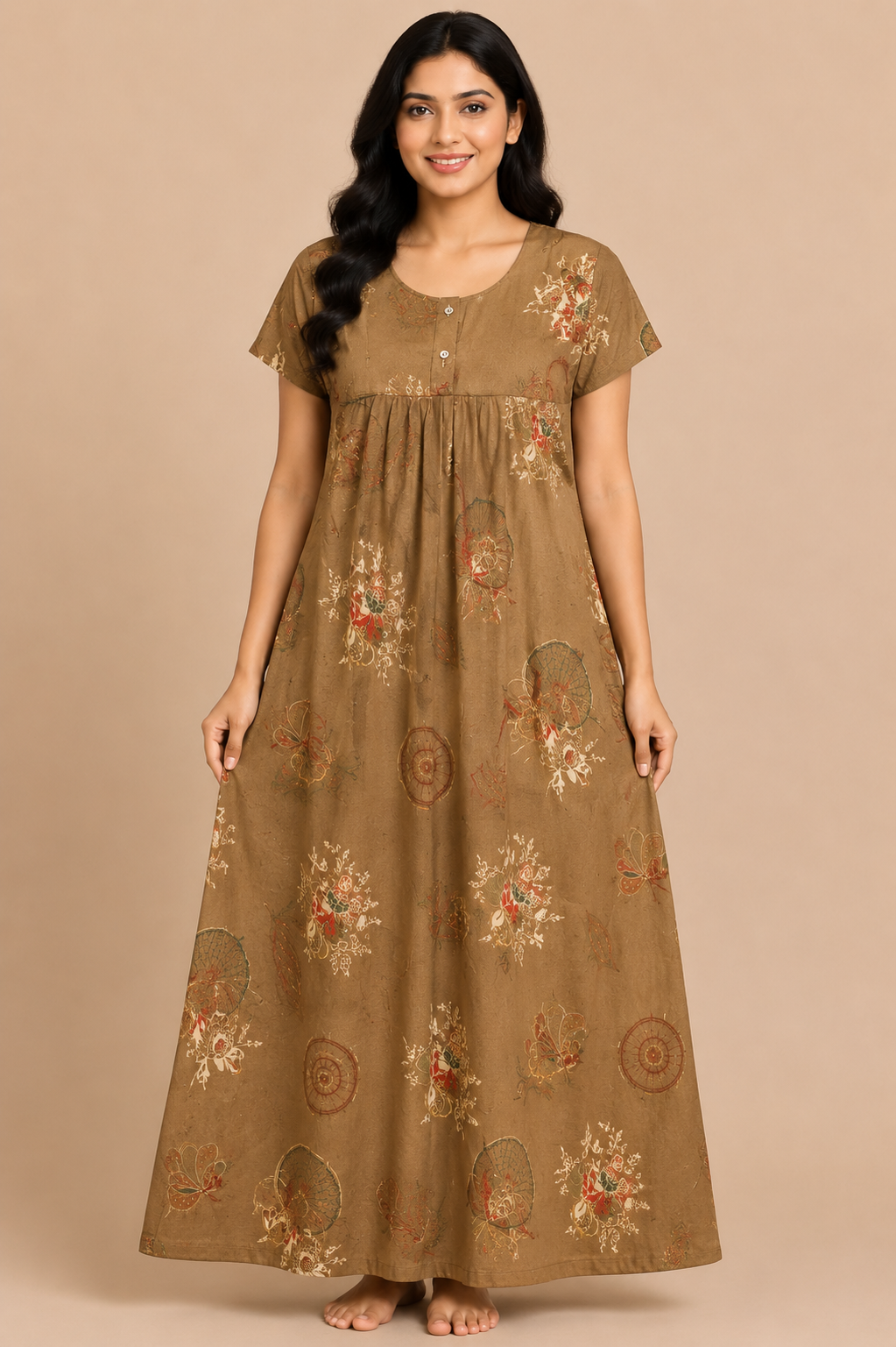 Women's light brown Floral Print Maxi Nighty Rayon Fabric Front Open