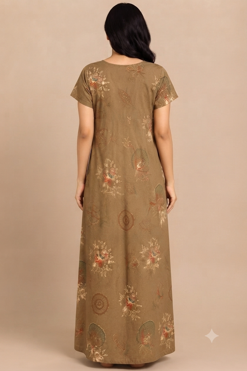 Women's light brown Floral Print Maxi Nighty Rayon Fabric Front Open
