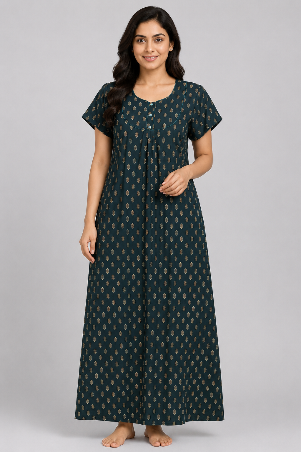 Women's navy blue Geometric Print Jumbo Maxi Nighty Rayon Fabric Front Open