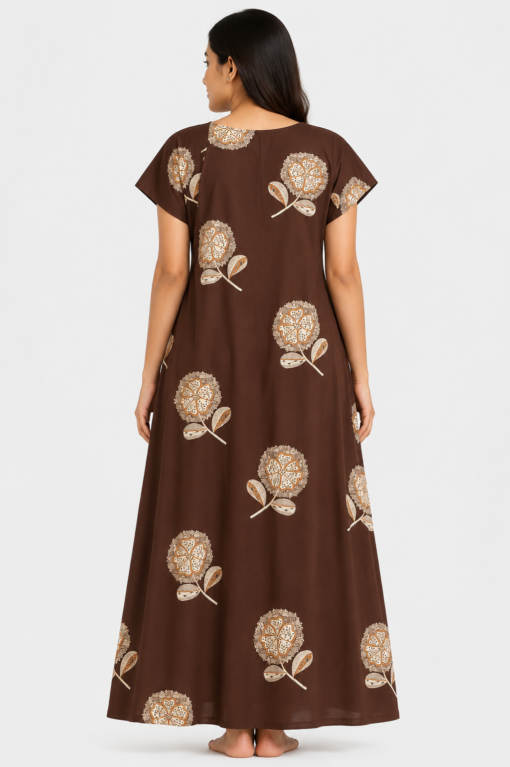 Women's Chocolate Brown Floral Print Maxi Nighty Rayon Fabric Front Open