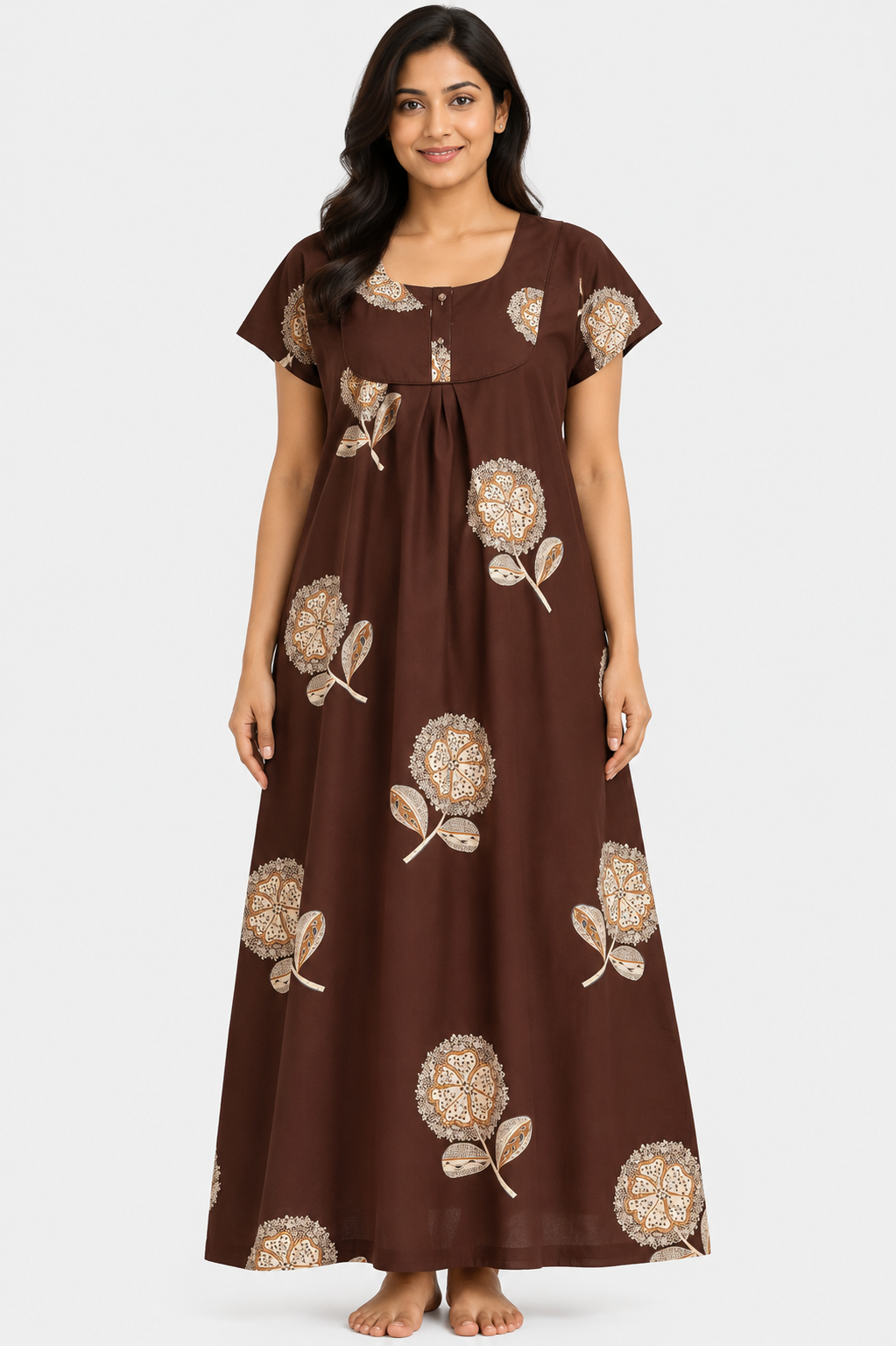 Women's Chocolate Brown Floral Print Maxi Nighty Rayon Fabric Front Open