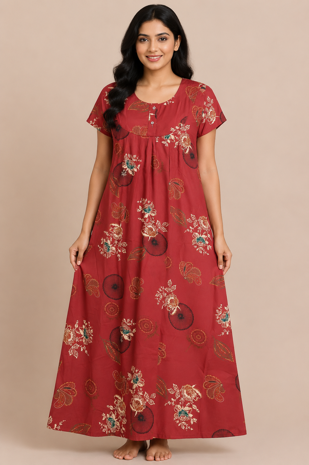 Women's maroon red Floral Abstract Print Maxi Nighty Rayon Fabric Front Open