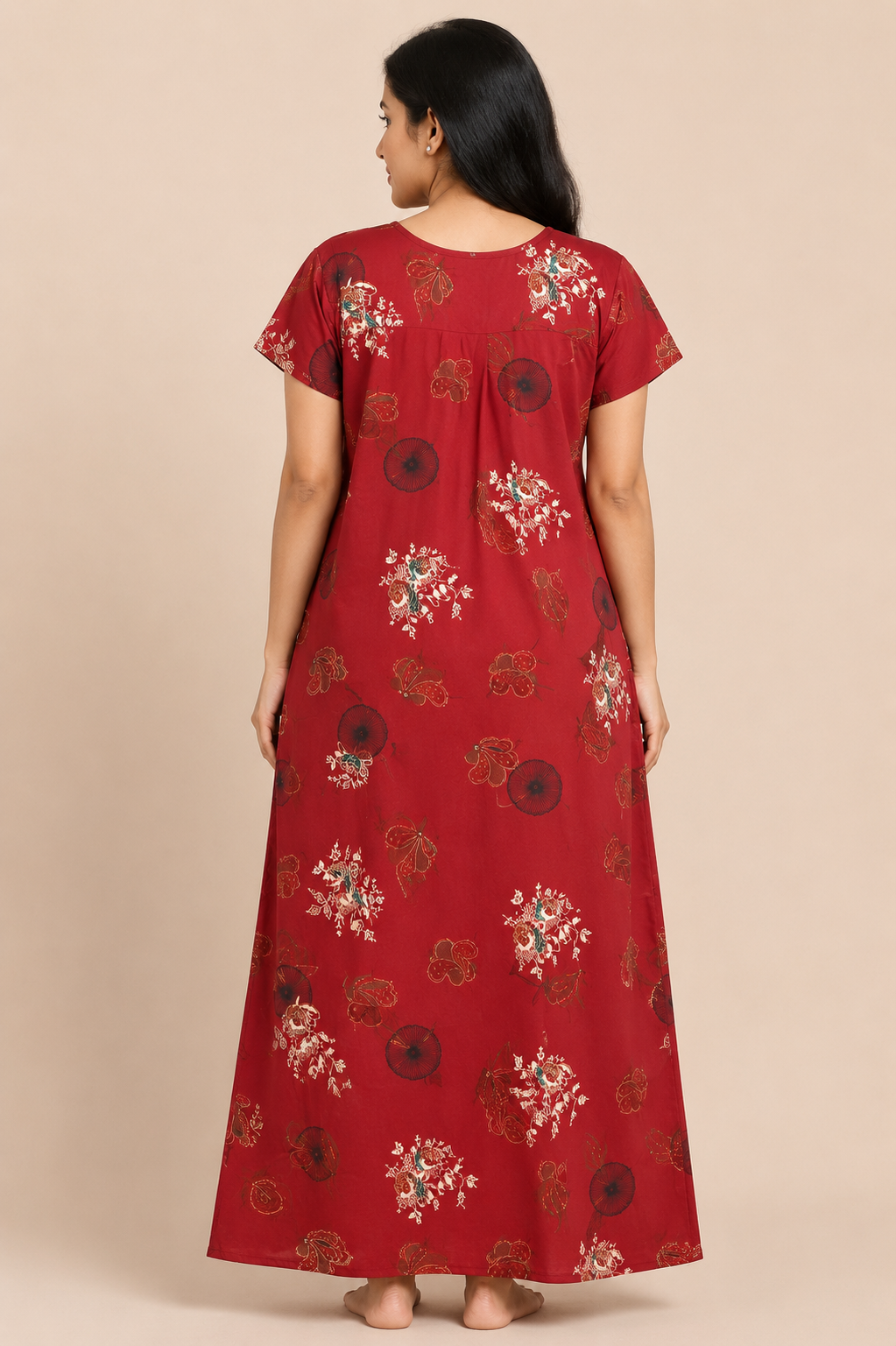 Women's maroon red Floral Abstract Print Maxi Nighty Rayon Fabric Front Open