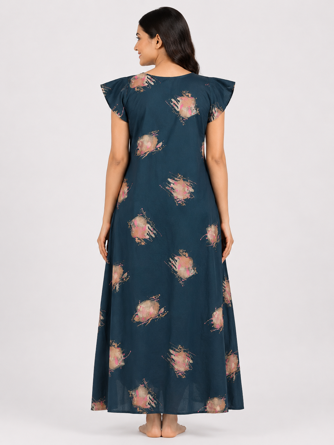 Women's Dark Teal Green Abstract Print Maxi Nighty Soft rayonFront Open