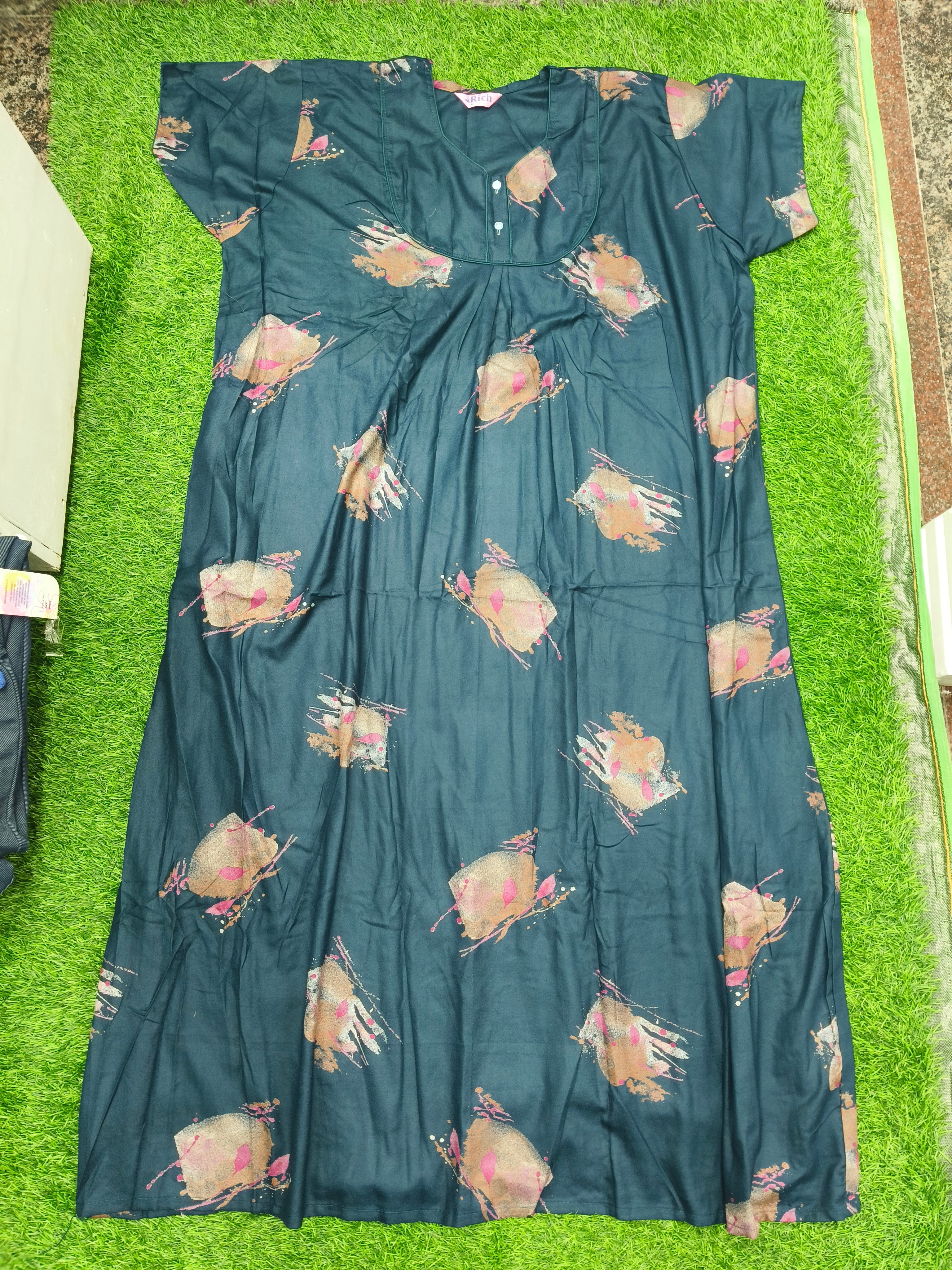 Women's Dark Teal Green Abstract Print Maxi Nighty Soft rayonFront Open
