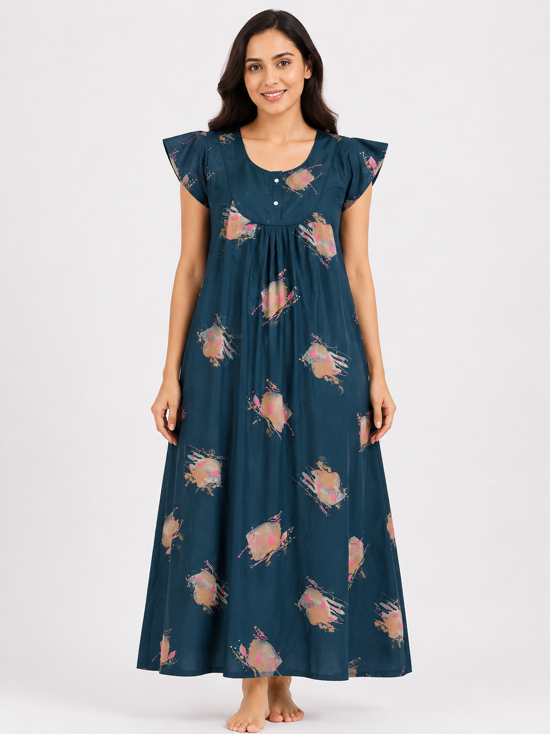 Women's Dark Teal Green Abstract Print Maxi Nighty Soft rayonFront Open