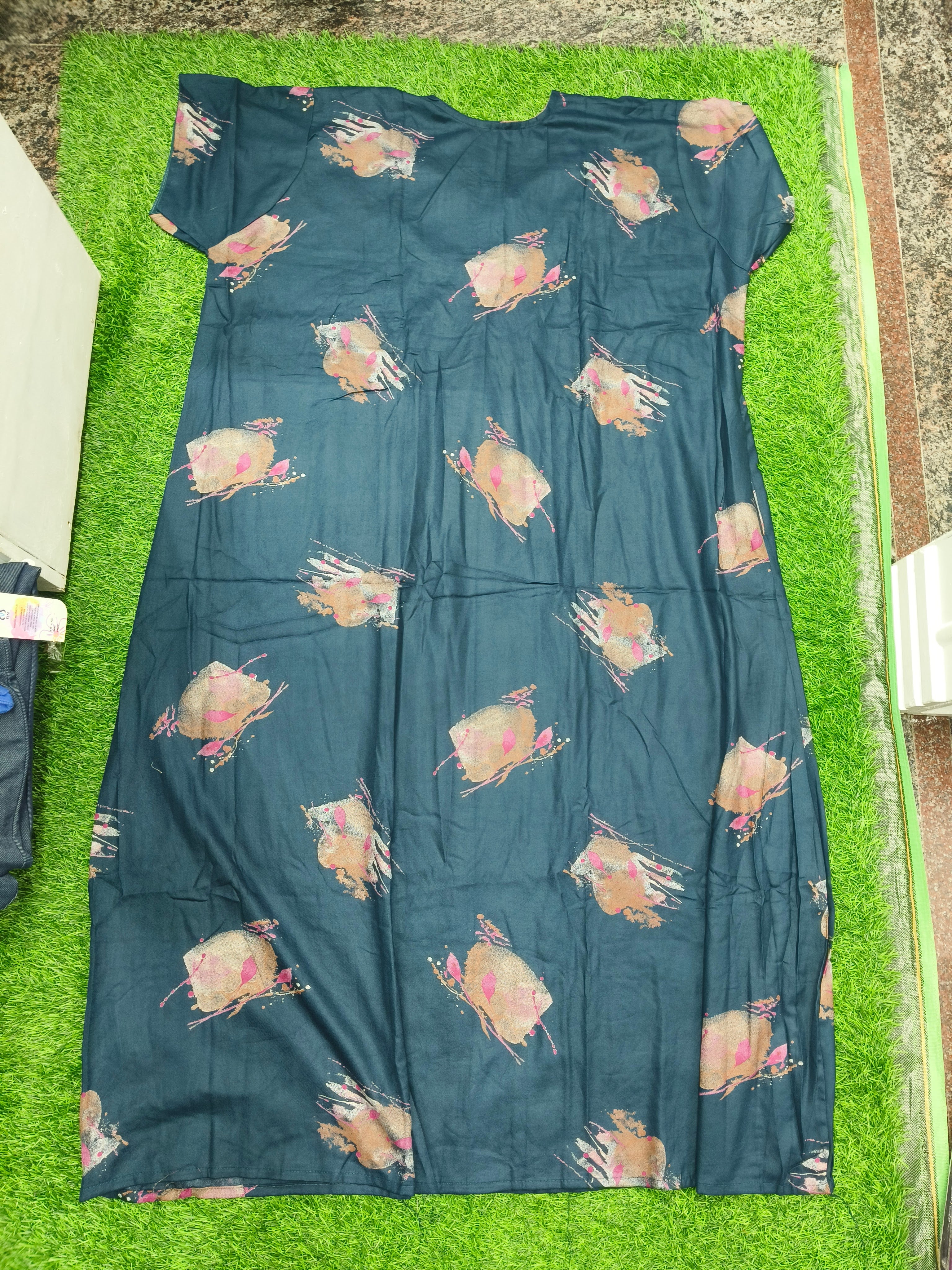 Women's Dark Teal Green Abstract Print Maxi Nighty Soft rayonFront Open
