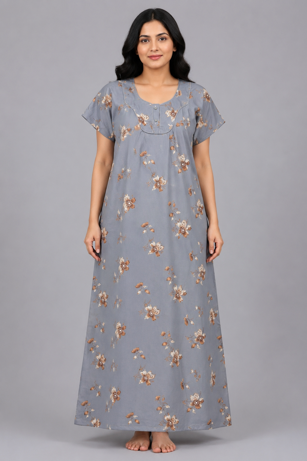 Women's Slate Grey Floral Print Maxi Nighty Rayon Fabric Front Open