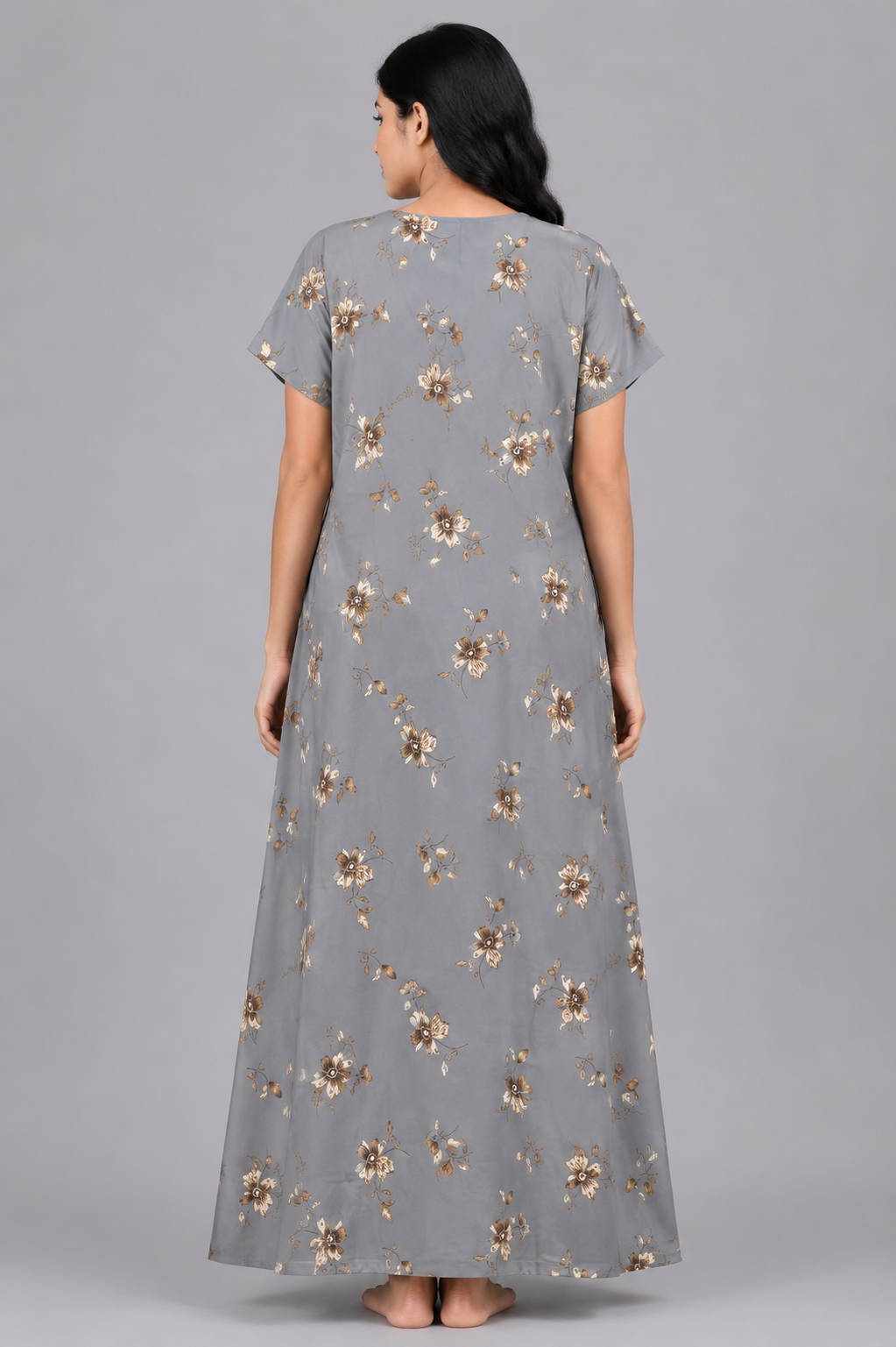 Women's Slate Grey Floral Print Maxi Nighty Rayon Fabric Front Open