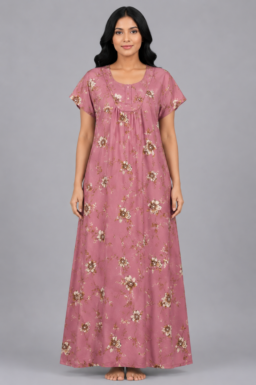 Women's purple Floral Print Maxi Nighty Rayon Fabric Front Open