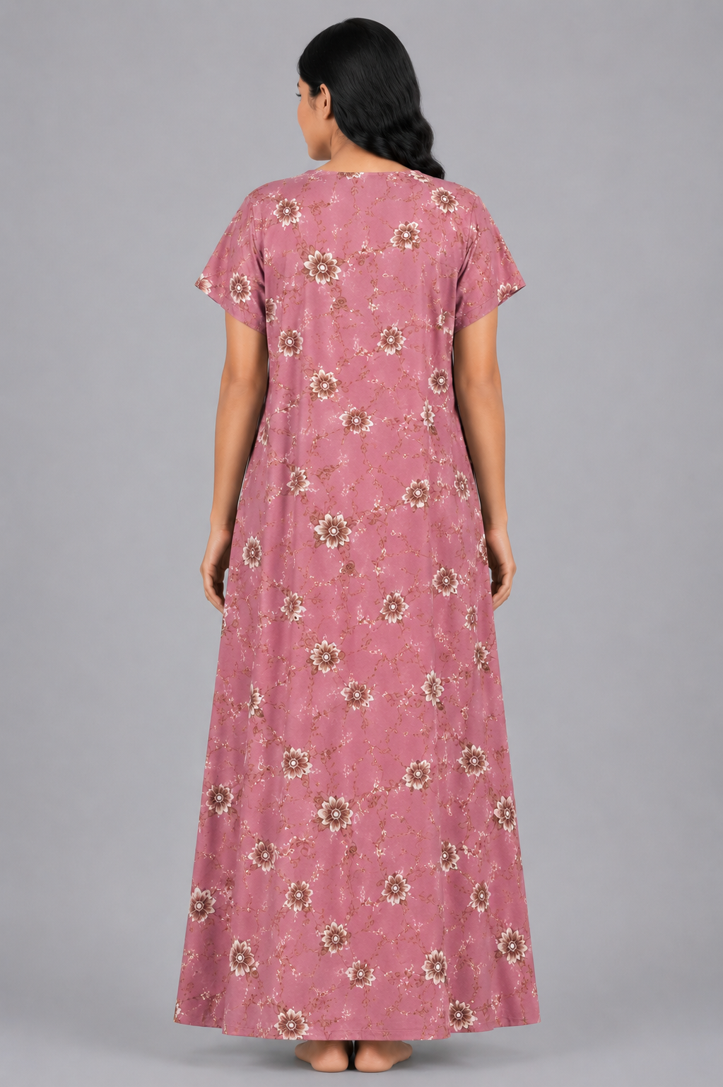 Women's purple Floral Print Maxi Nighty Rayon Fabric Front Open