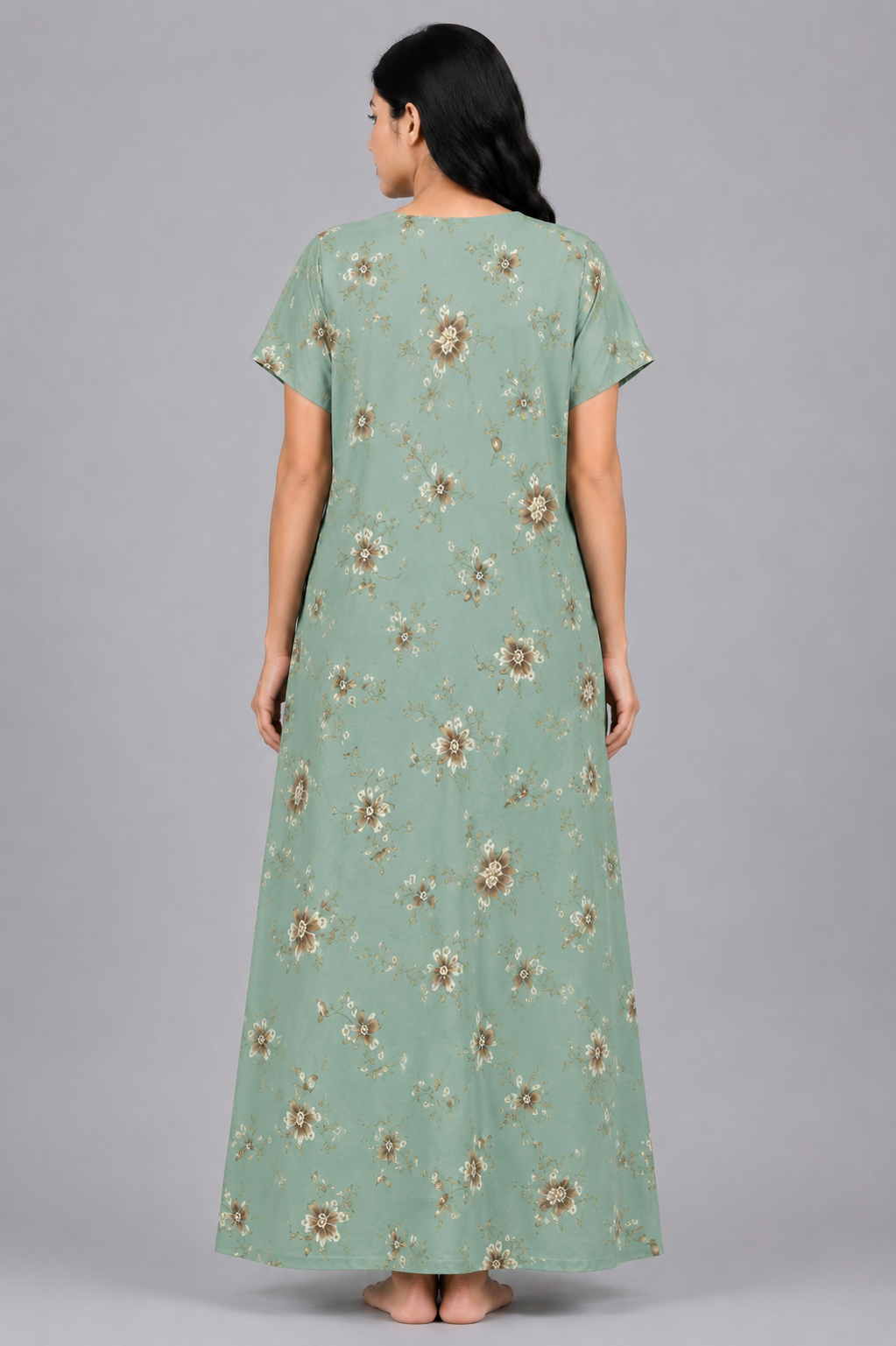 Women's teal green Floral Print Maxi Nighty Rayon Fabric Front Open