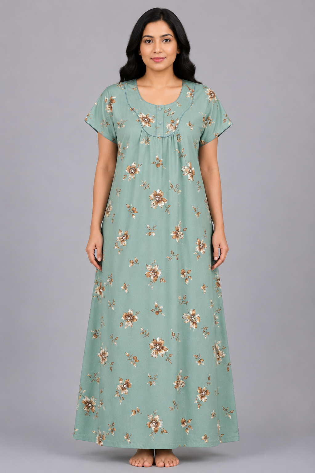 Women's teal green Floral Print Maxi Nighty Rayon Fabric Front Open