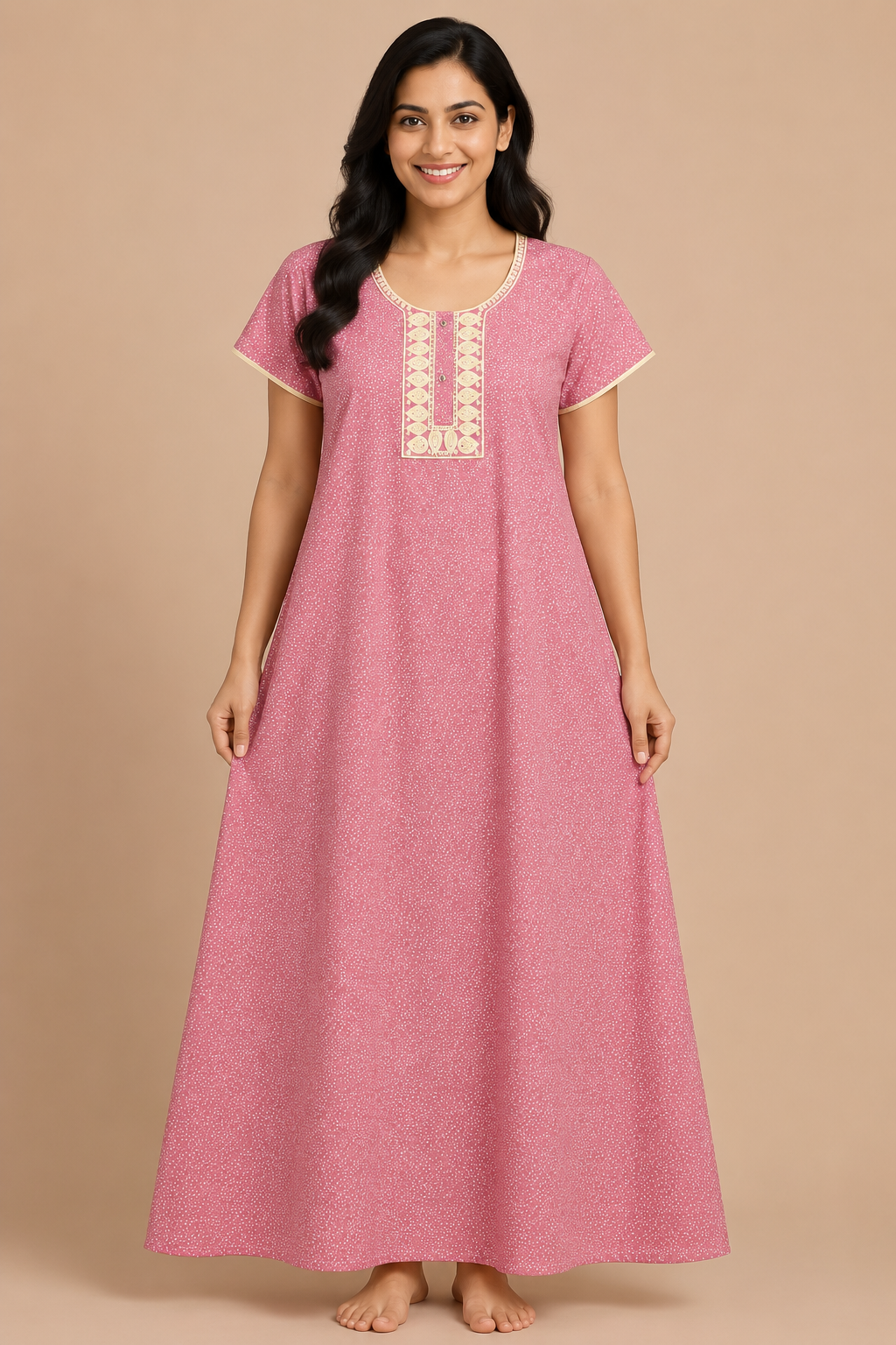 Women's pink Embroidered Maxi Nighty Rayon Fabric