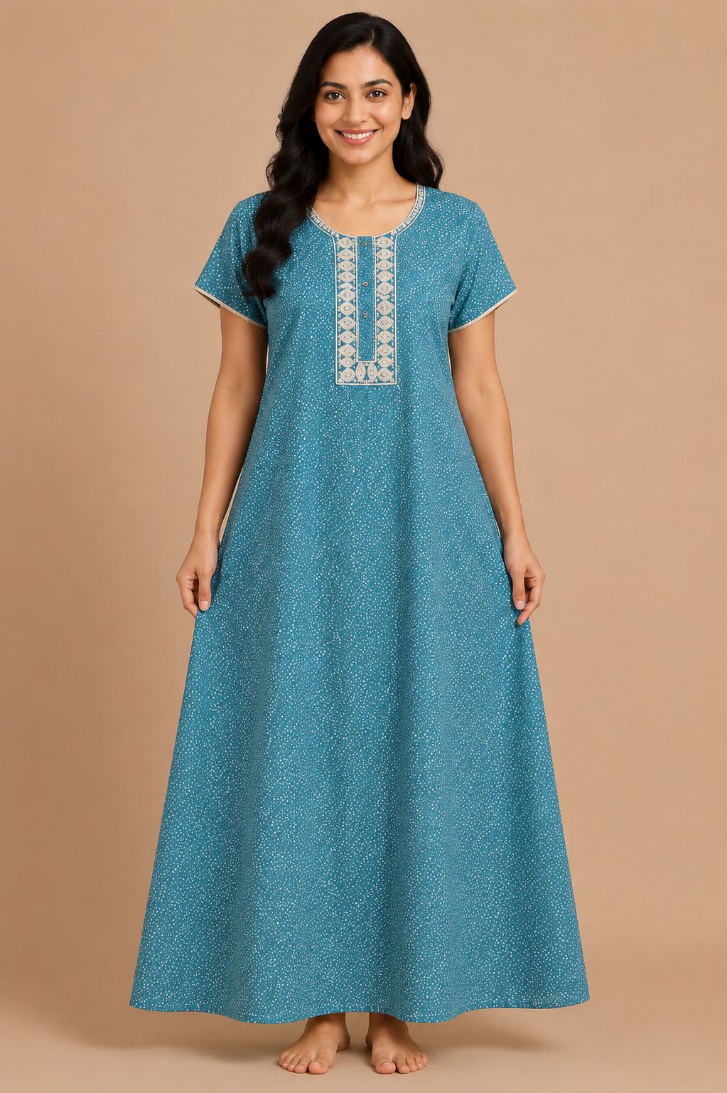 Women's light teal blue Floral Print Maxi Nighty Soft rayon Front Open
