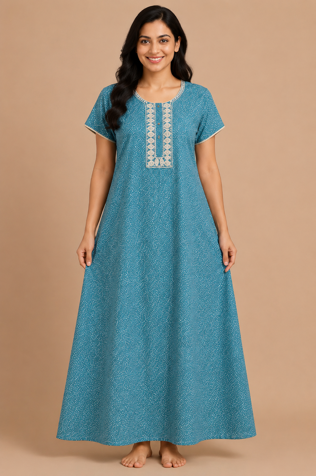 Women's light blue Embroidered Maxi Nighty Rayon Fabric