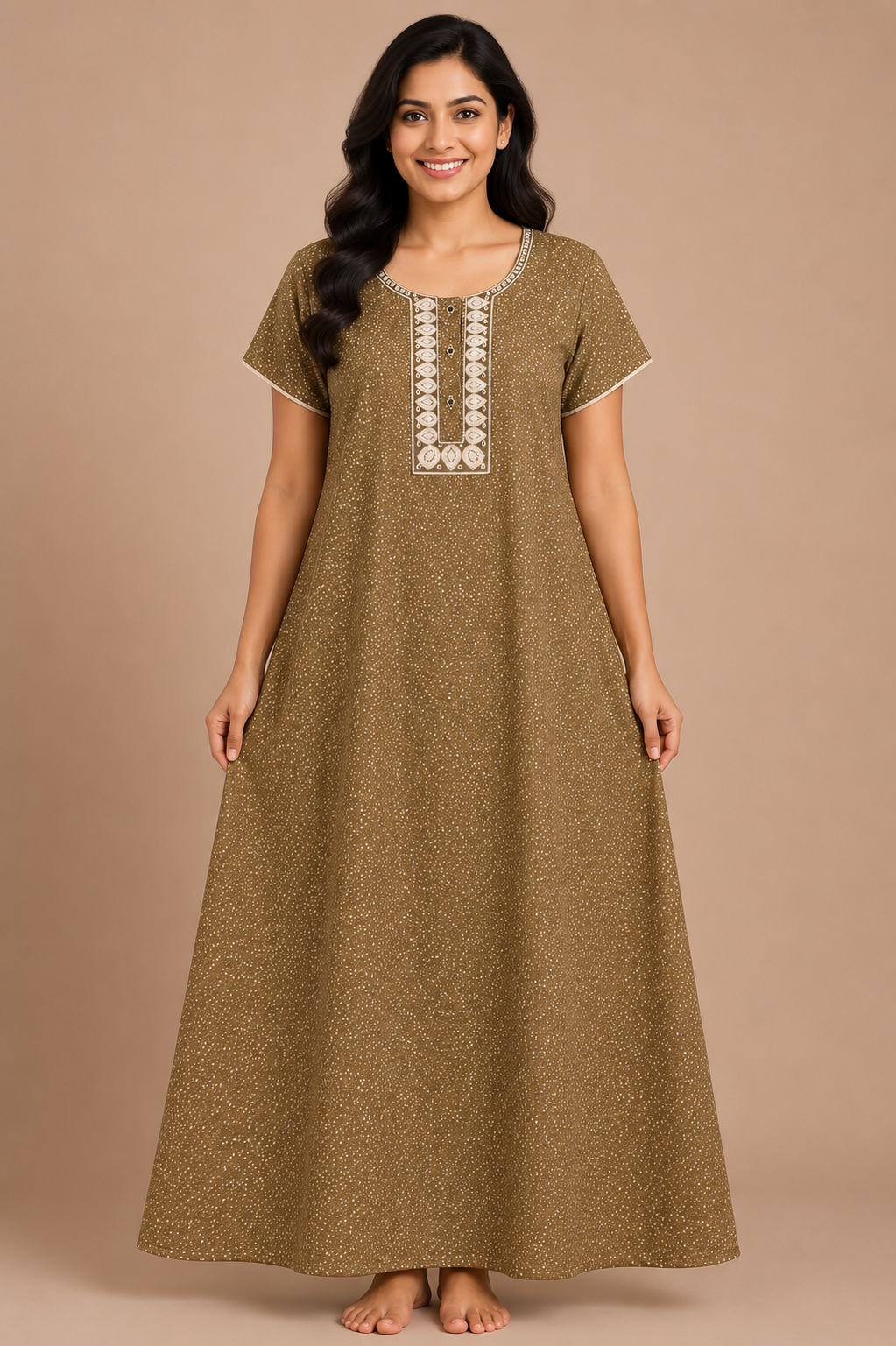 Women's light khaki brown Embroidered Micro Print Maxi Nighty Rayon Fabric