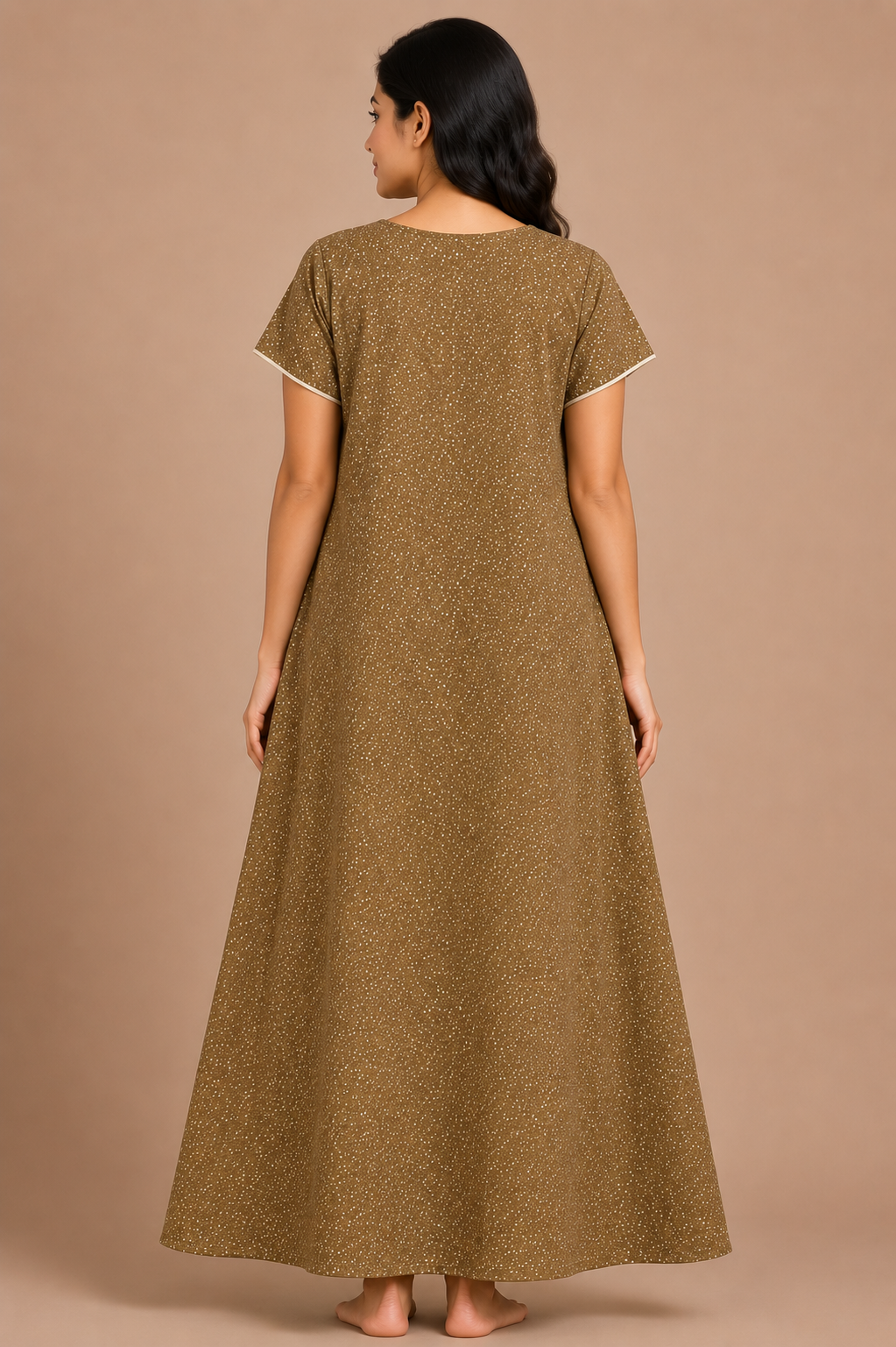 Women's light khaki brown Embroidered Micro Print Maxi Nighty Rayon Fabric