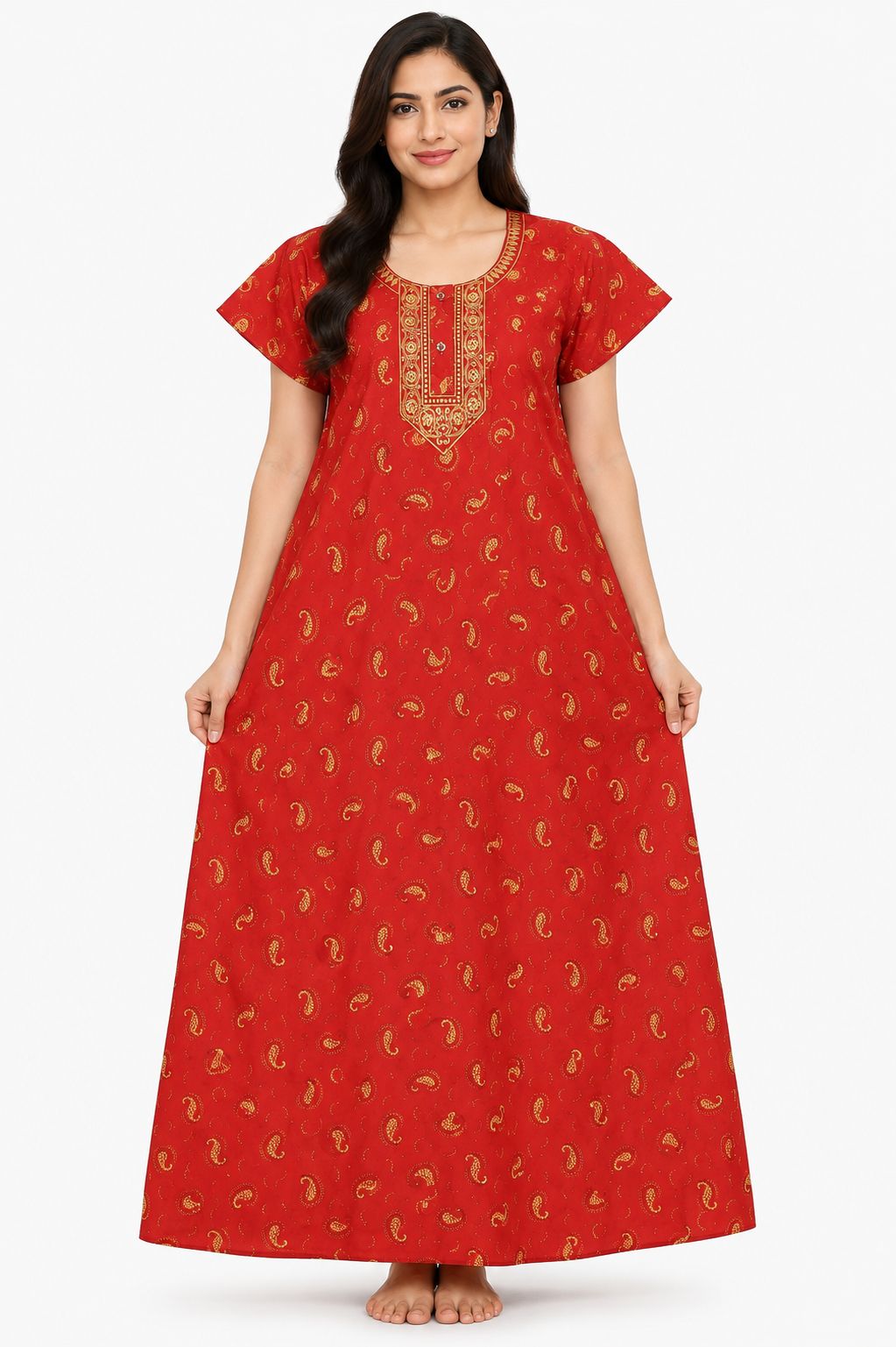 Women's Maroon Paisley Print Maxi Nighty Rayon Fabric