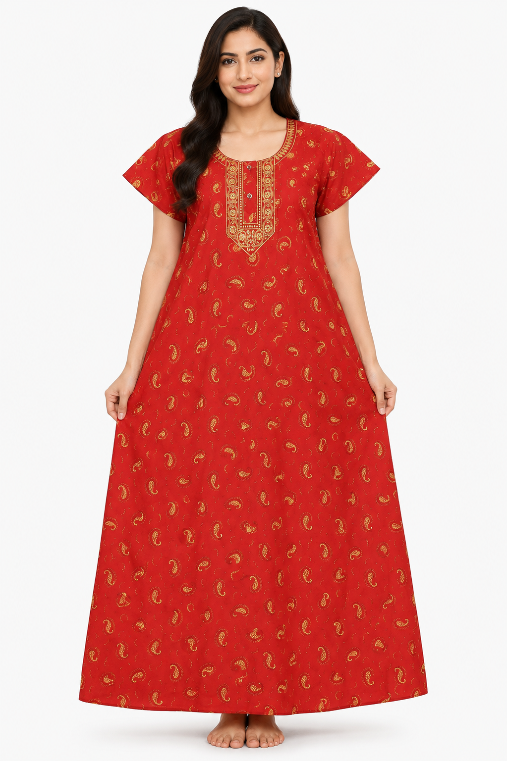 Women's Maroon Paisley Print Maxi Nighty Rayon Fabric