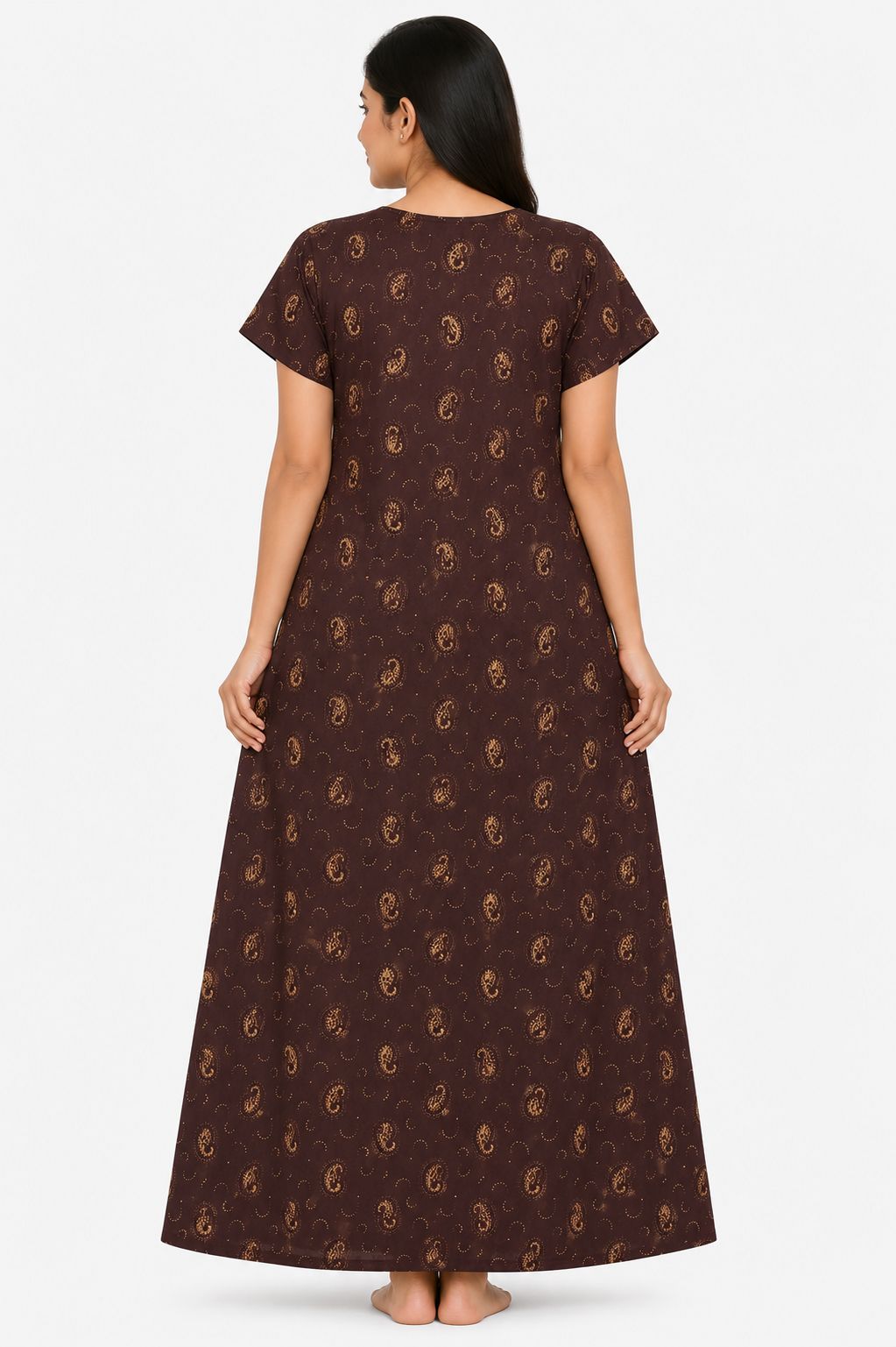 Women's dark coffee brown Paisley Print Maxi Nighty Rayon Fabric
