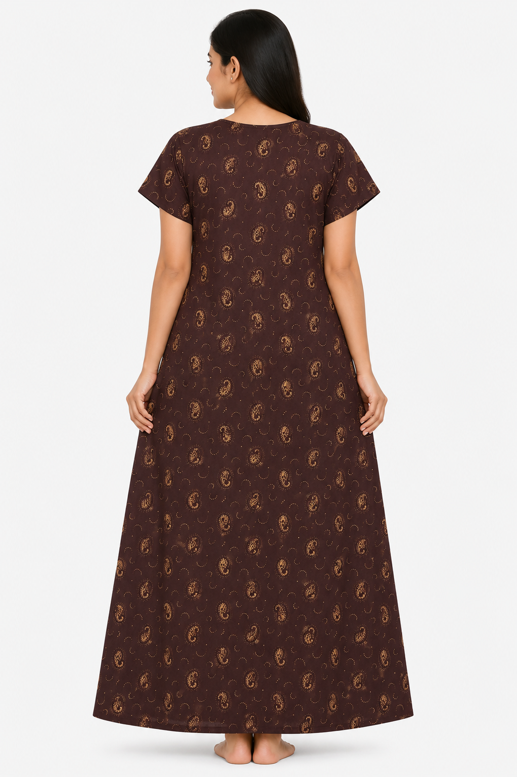 Women's dark coffee brown Paisley Print Maxi Nighty Rayon Fabric