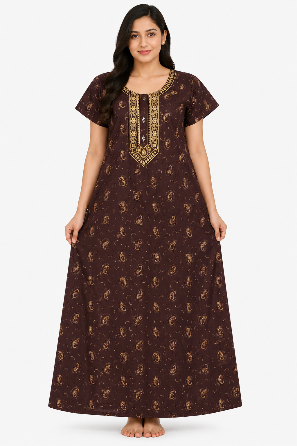 Women's dark coffee brown Paisley Print Maxi Nighty Rayon Fabric