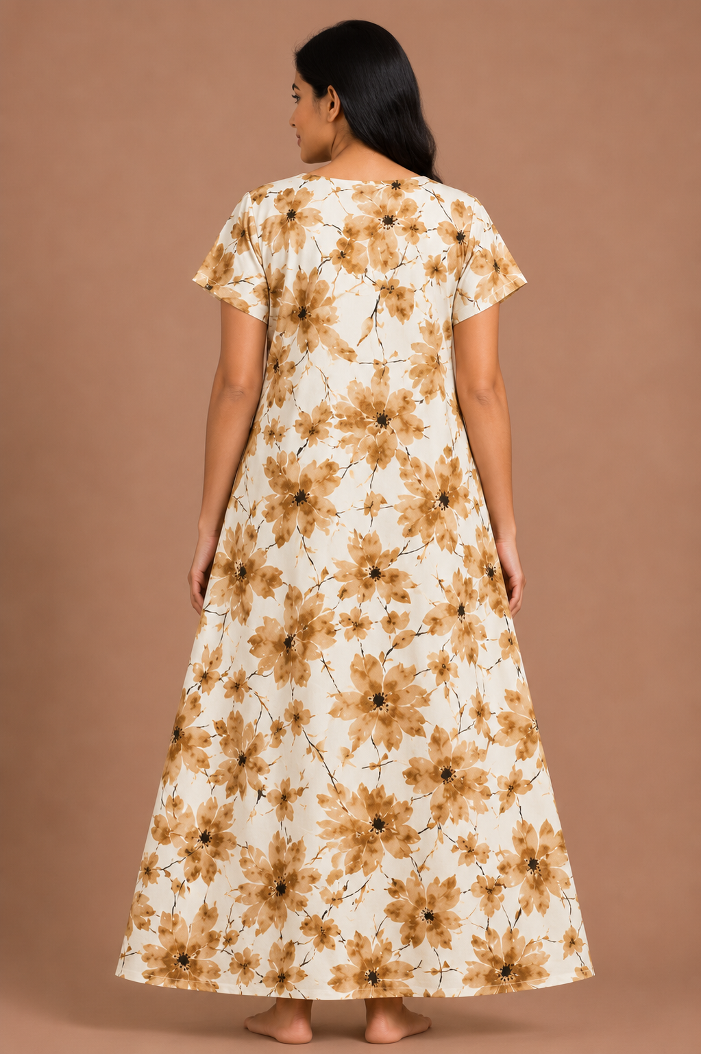 Women's Beige Floral Print Maxi Nighty Rayon Fabric Embroidered Yoke