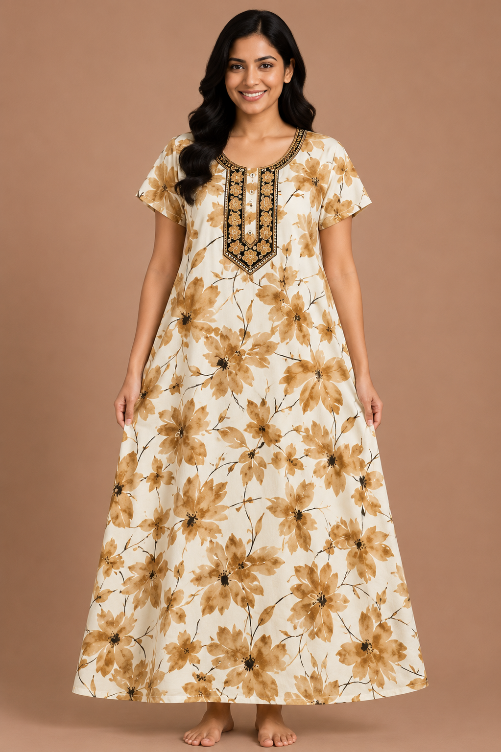 Women's Beige Floral Print Maxi Nighty Rayon Fabric Embroidered Yoke