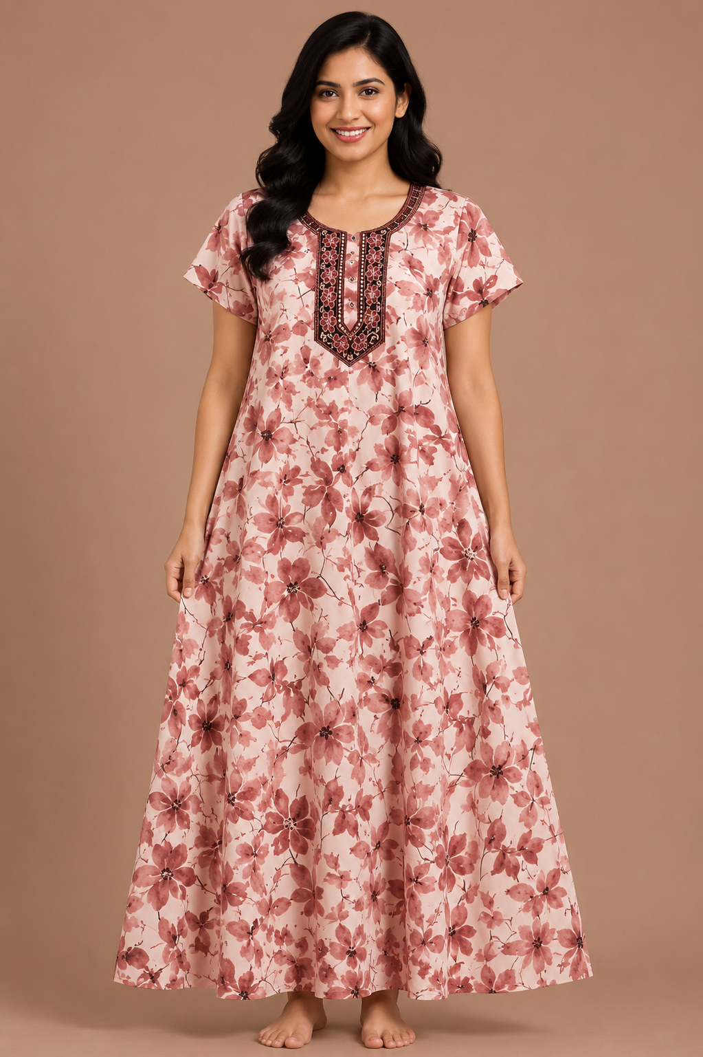 Women's onion pink Floral Print Maxi Nighty Rayon Fabric Embroidered Yoke