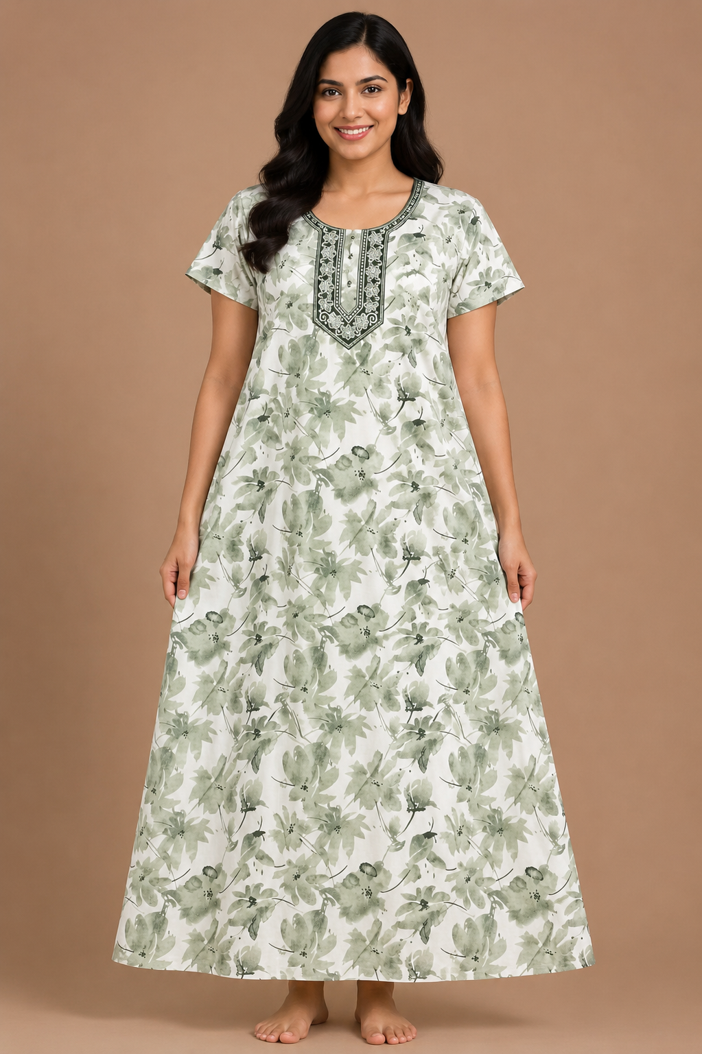 Women's mint green Floral Print Maxi Nighty Rayon Fabric Embroidered Yoke