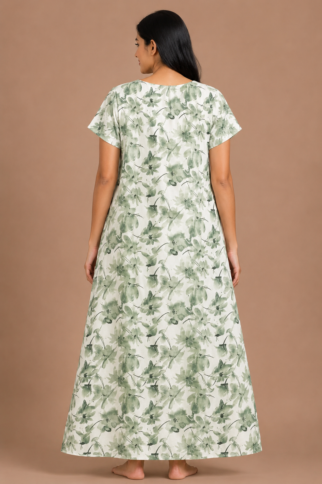 Women's mint green Floral Print Maxi Nighty Rayon Fabric Embroidered Yoke