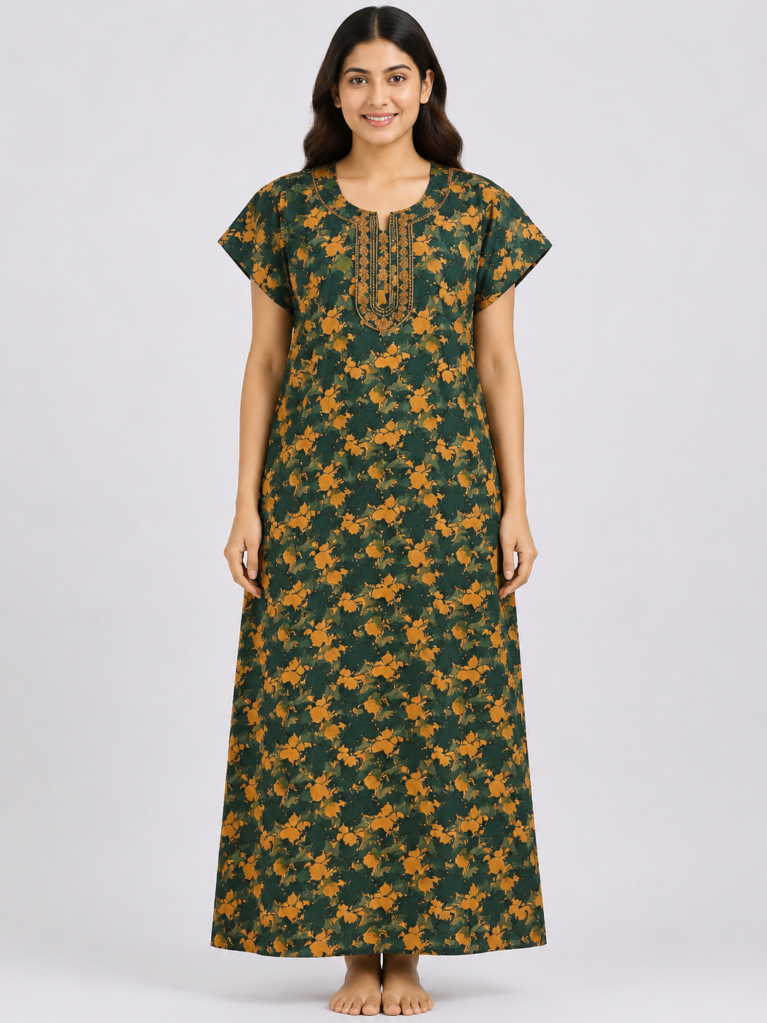 Women's dark brown Floral Print Maxi Nighty Rayon Fabric Front Zip