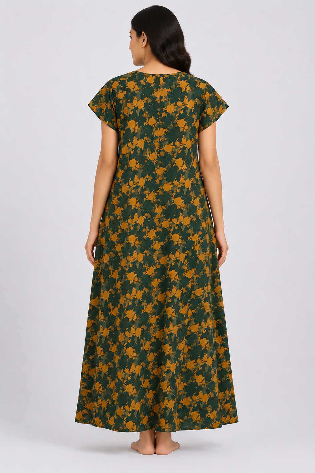 Women's dark brown Floral Print Maxi Nighty Rayon Fabric Front Zip