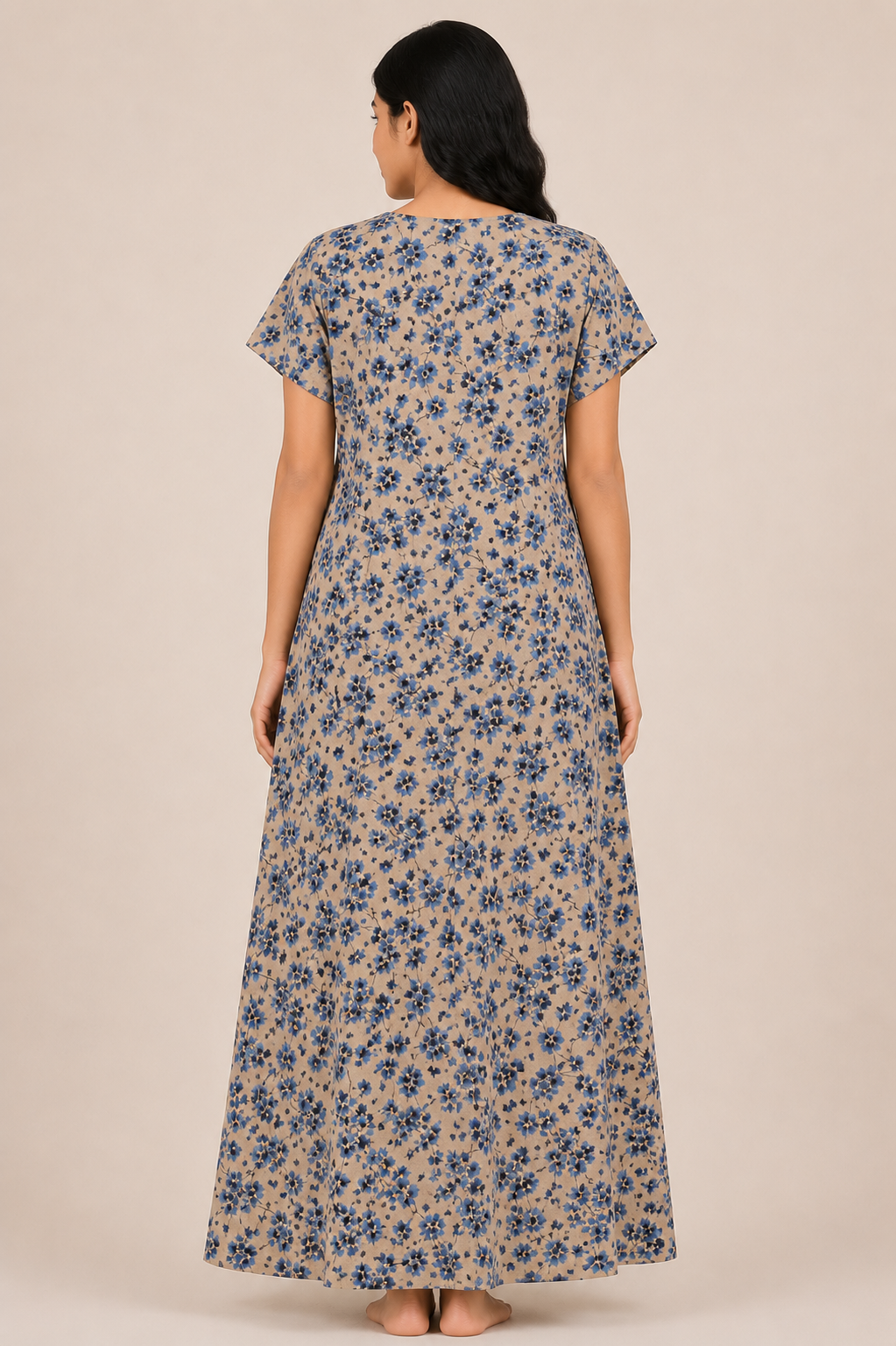 Women's greyish beige Floral Print Maxi Nighty Rayon Fabric Front Open
